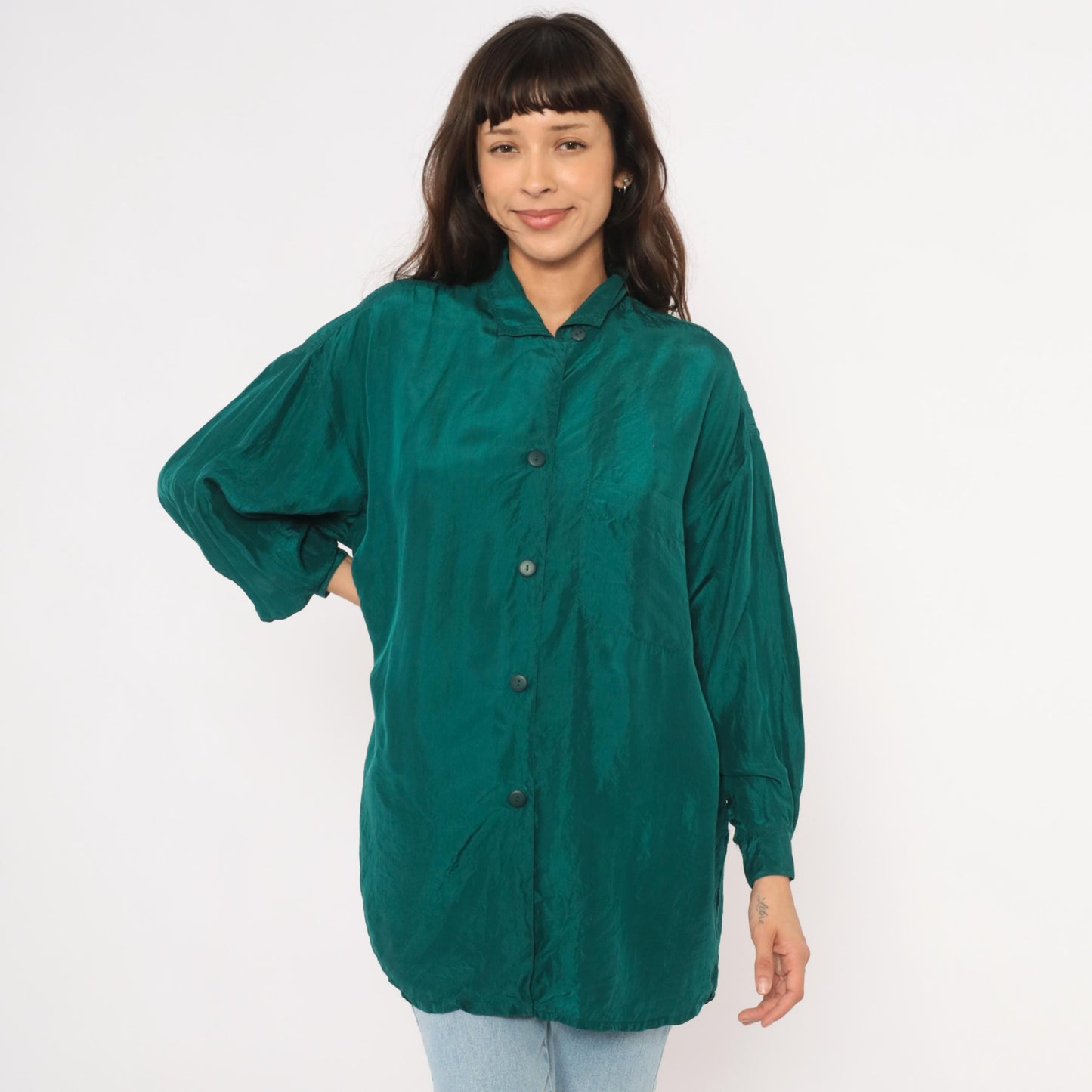 90s The Limited Teal Silk Button Shirt Camp Collar Balloon Sleeve Small