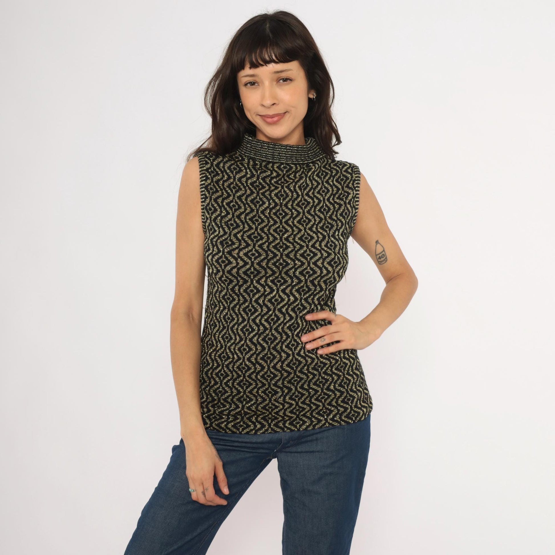 90s Black Gold Metallic Knit Mock Neck Tank Geometric Diamond Pattern Medium