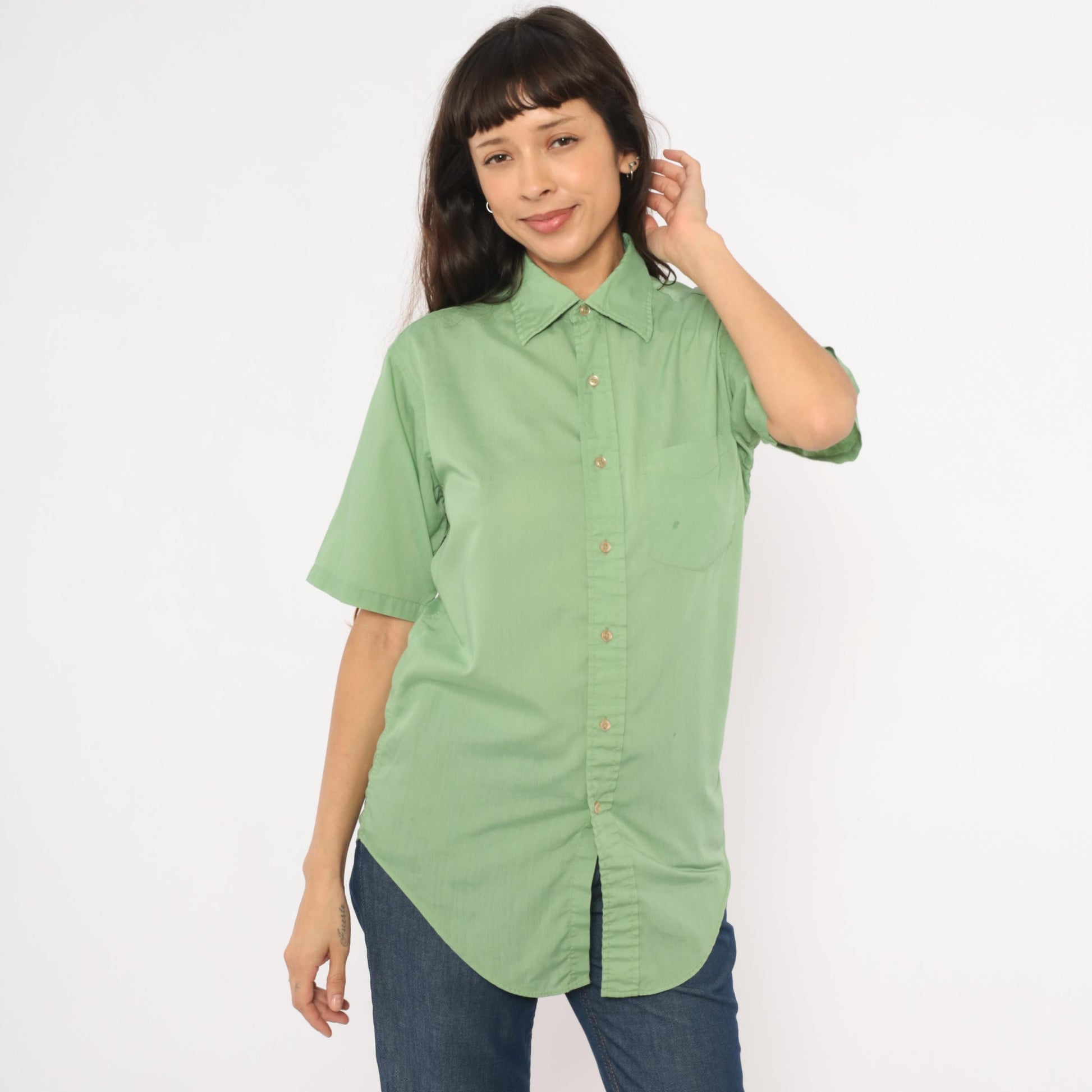 70s Mossini Sage Green Button Down Shirt Short Sleeve Pointed Collar Small