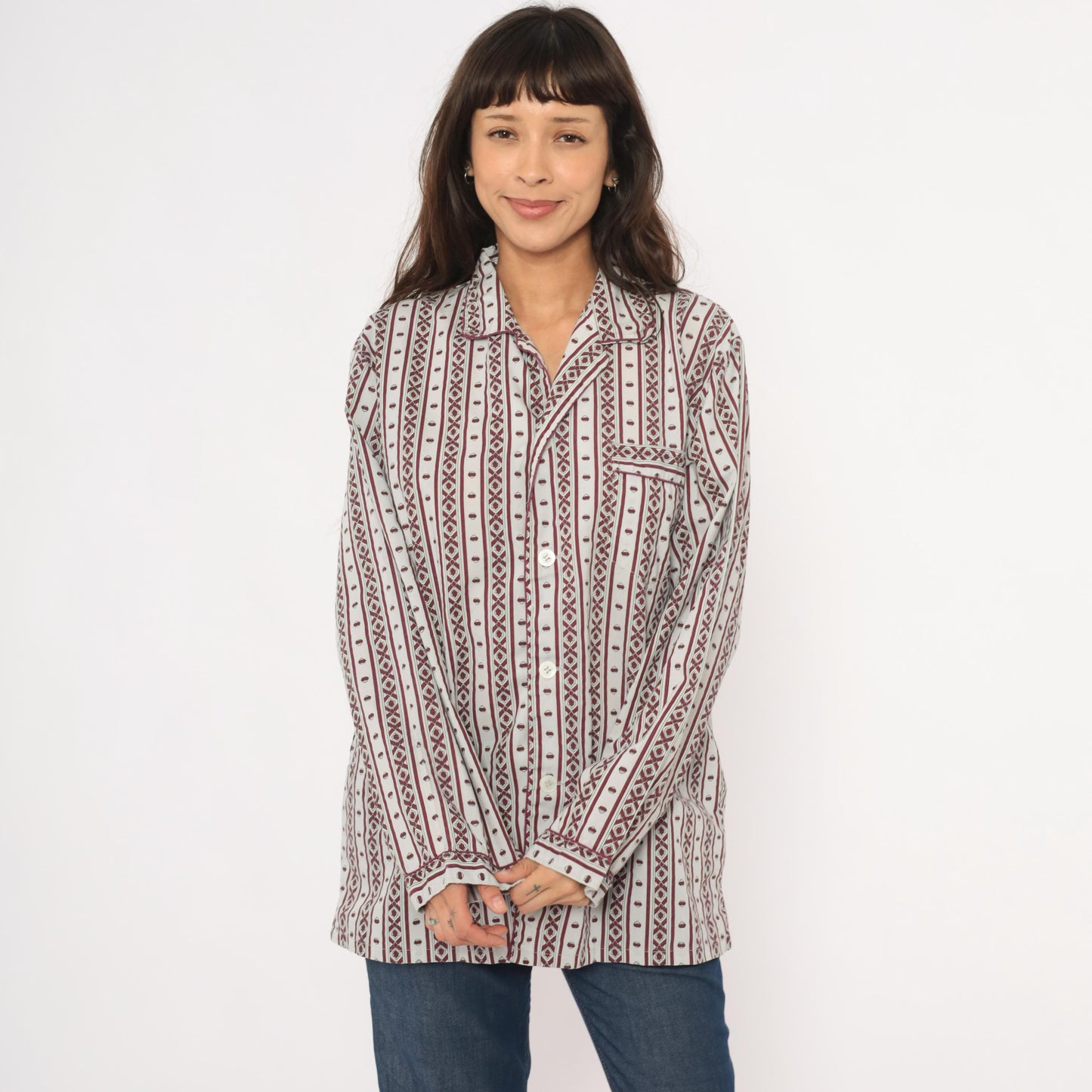 80s MTL Classics Pajama Shirt Geometric Stripe Burgundy Grey Notched Collar Large