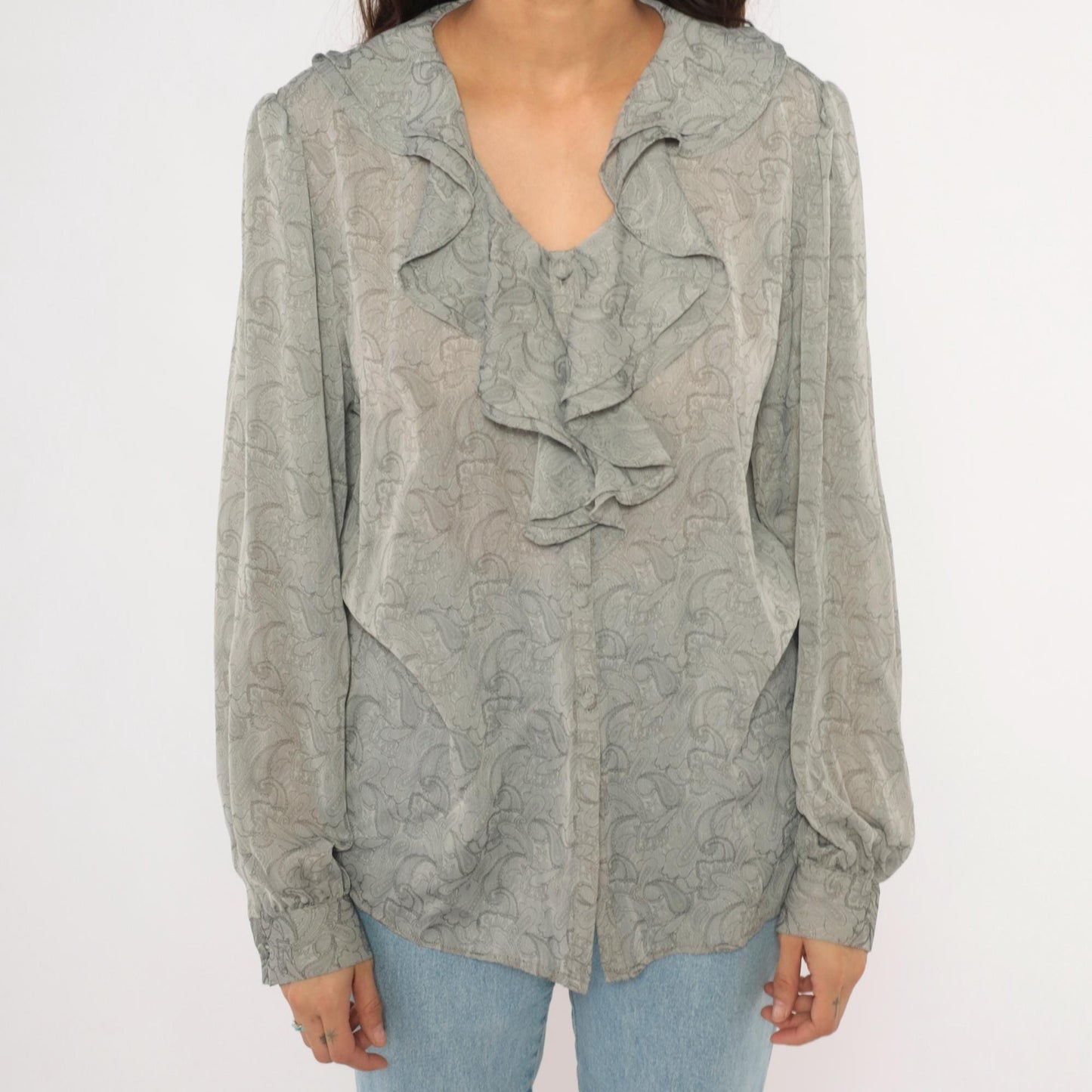 90s Christie & Jill Paisley Ruffle Blouse Grey Silver Button Front V Neck Large L