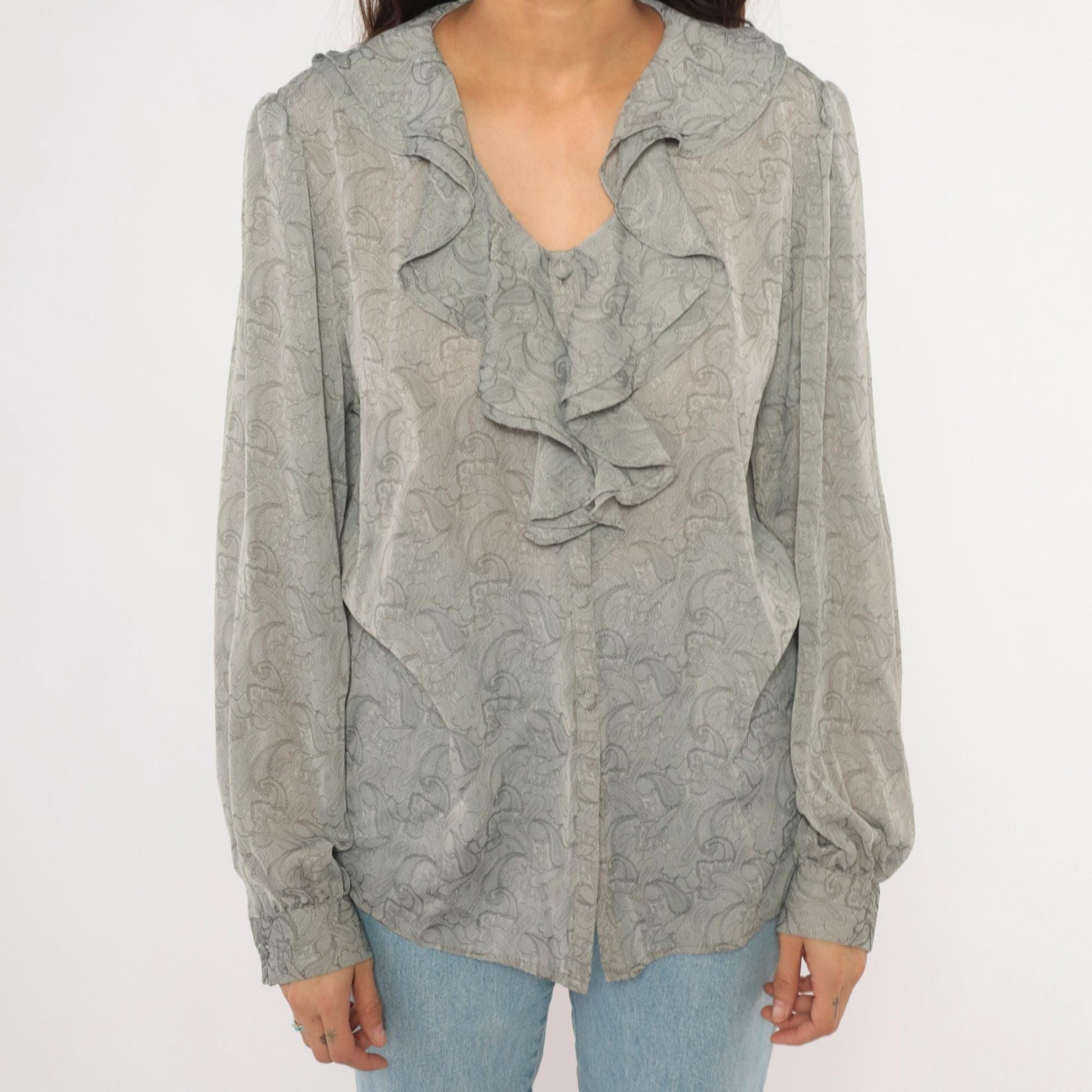 90s Christie & Jill Paisley Ruffle Blouse Grey Silver Button Front V Neck Large L