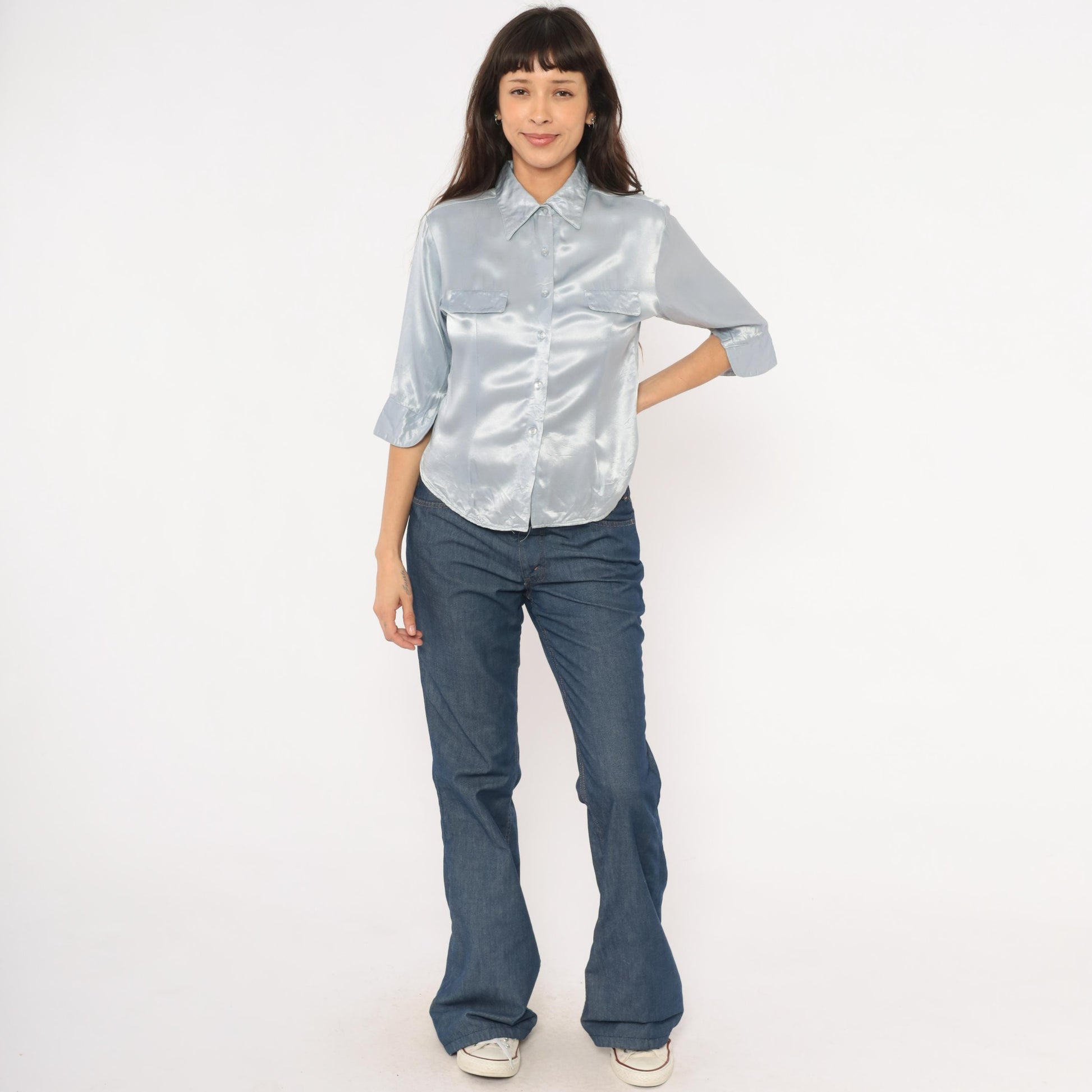 90s Younique Silver Satin Button Blouse Three Quarter Sleeve Small