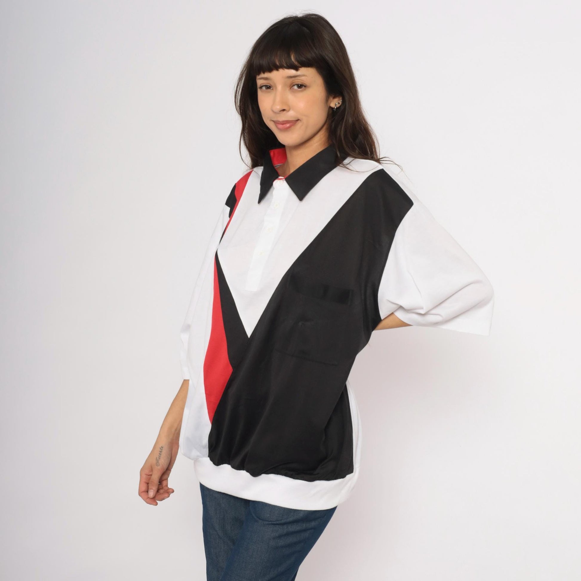 80s Envoy Colour Block Polo Chevron White Black Red Plus Size XXL