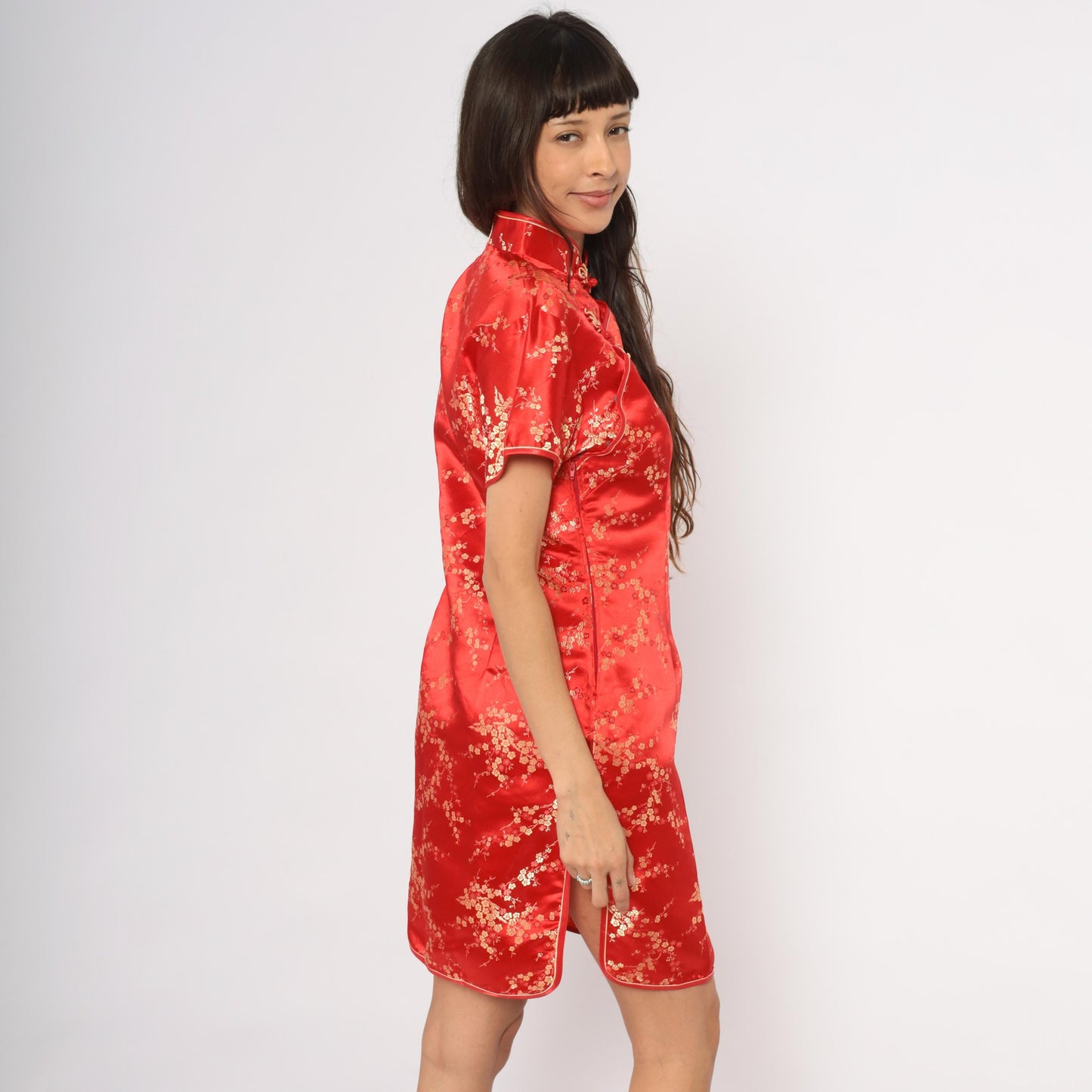 80s Xuan Tang Red Cheongsam Gold Cherry Blossom Qipao Plus Size XXL