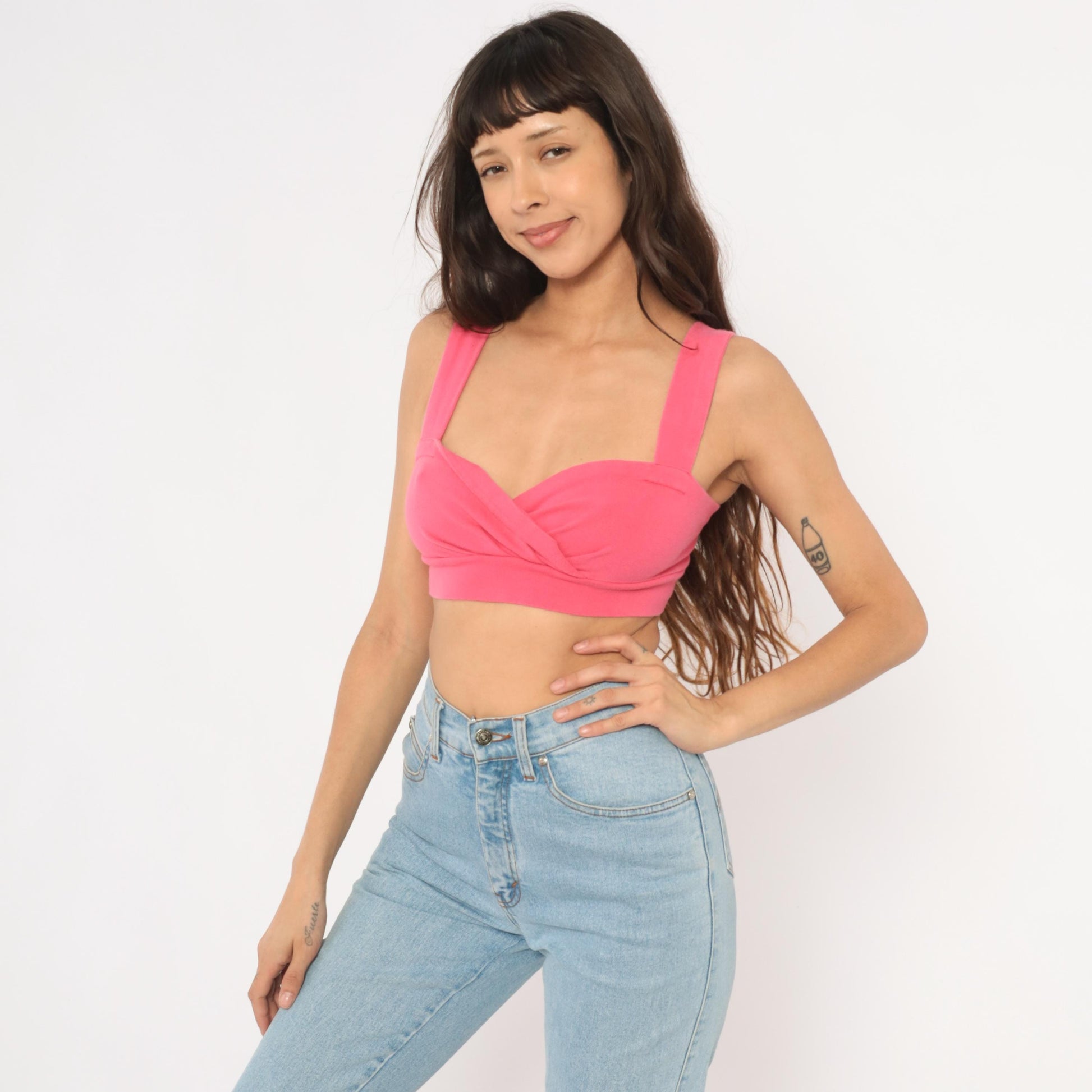 90s Express Tricot Hot Pink Crop Top Sweetheart Neckline Small S