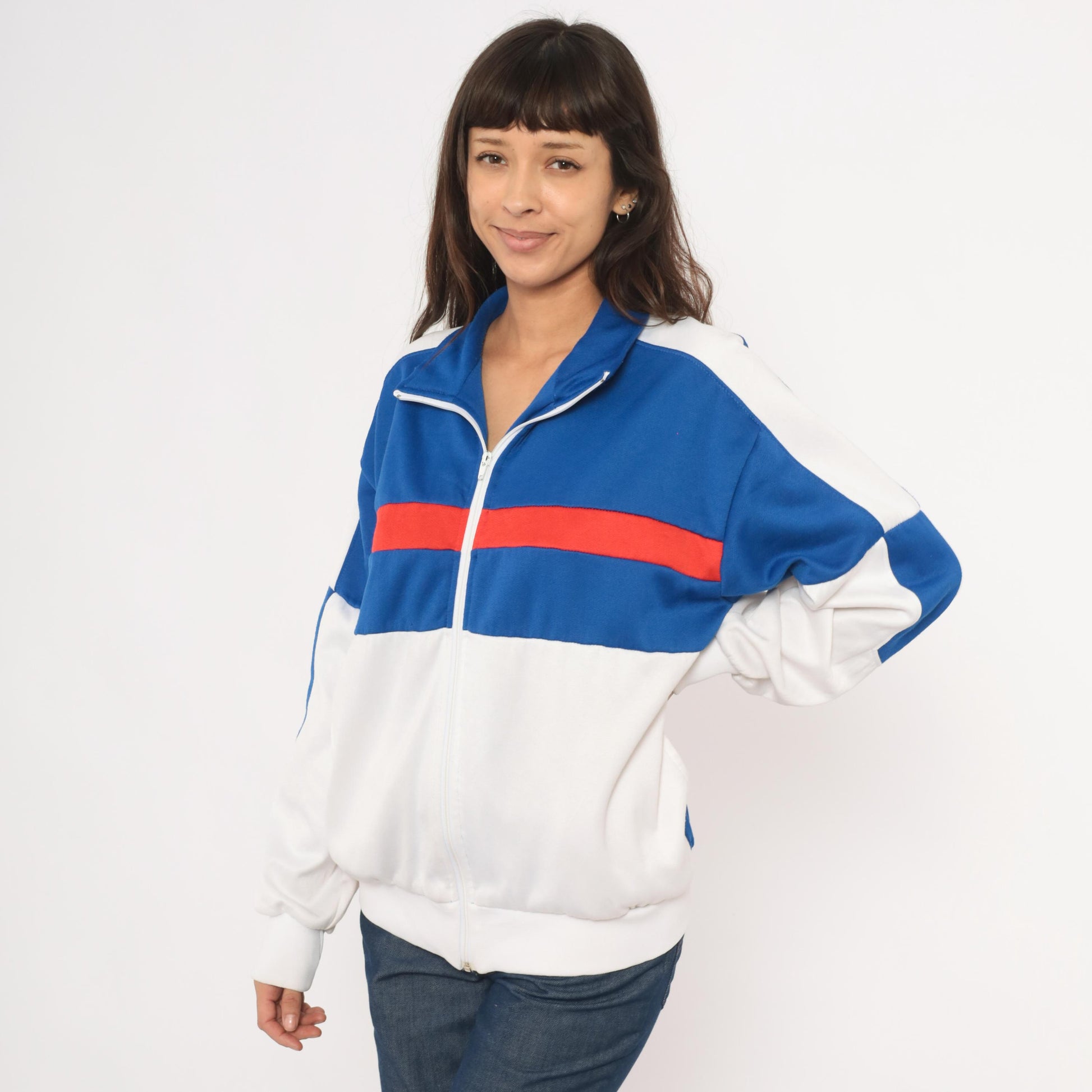 80s Pro Spirit Color Block Track Jacket Blue White Red Stripe Large L