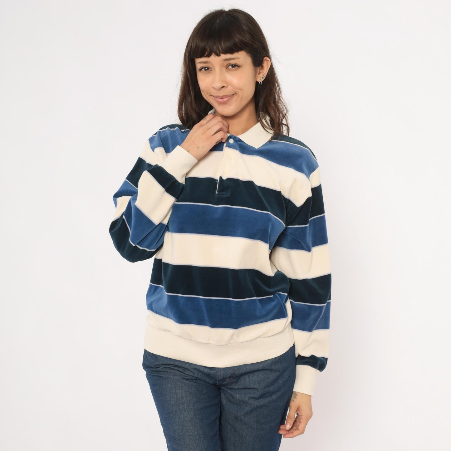 80s Damon Striped Velour Rugby Polo Cream Navy Collared Pullover Medium