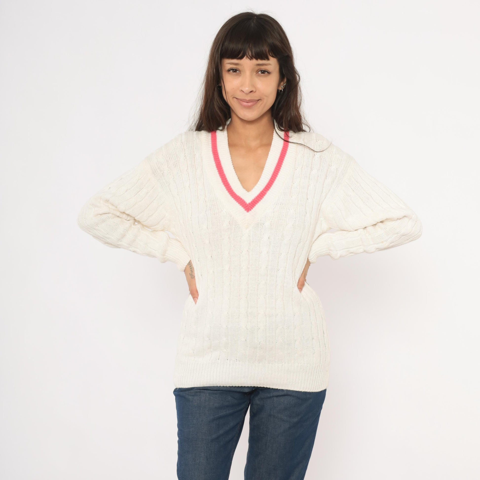 90s Boundary Waters Cable Knit V Neck Sweater Pink Stripe Ivory Small S