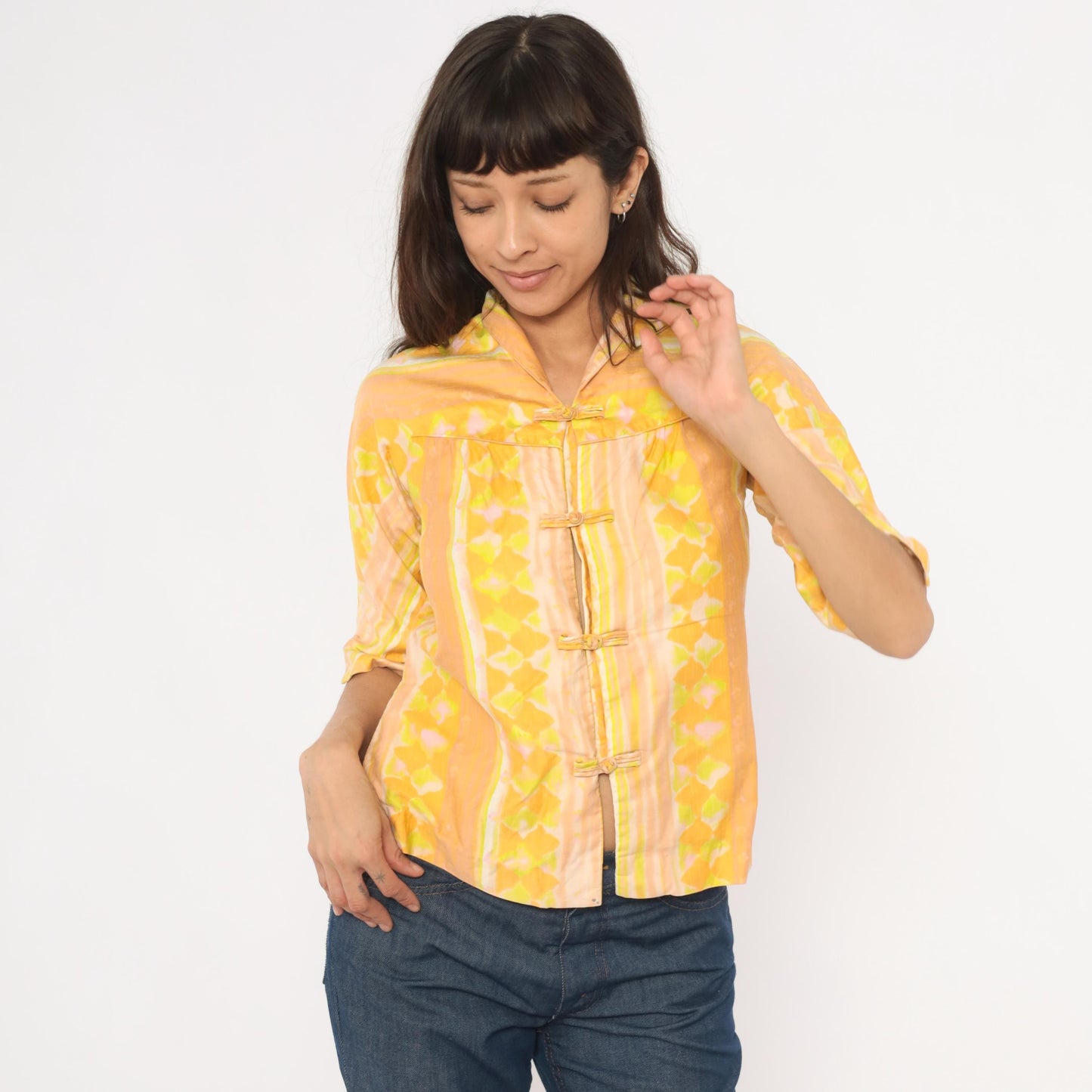 70s Frog Closure Blouse Yellow Geometric Print Mandarin Collar Three Quarter Sleeve Extra Small XS