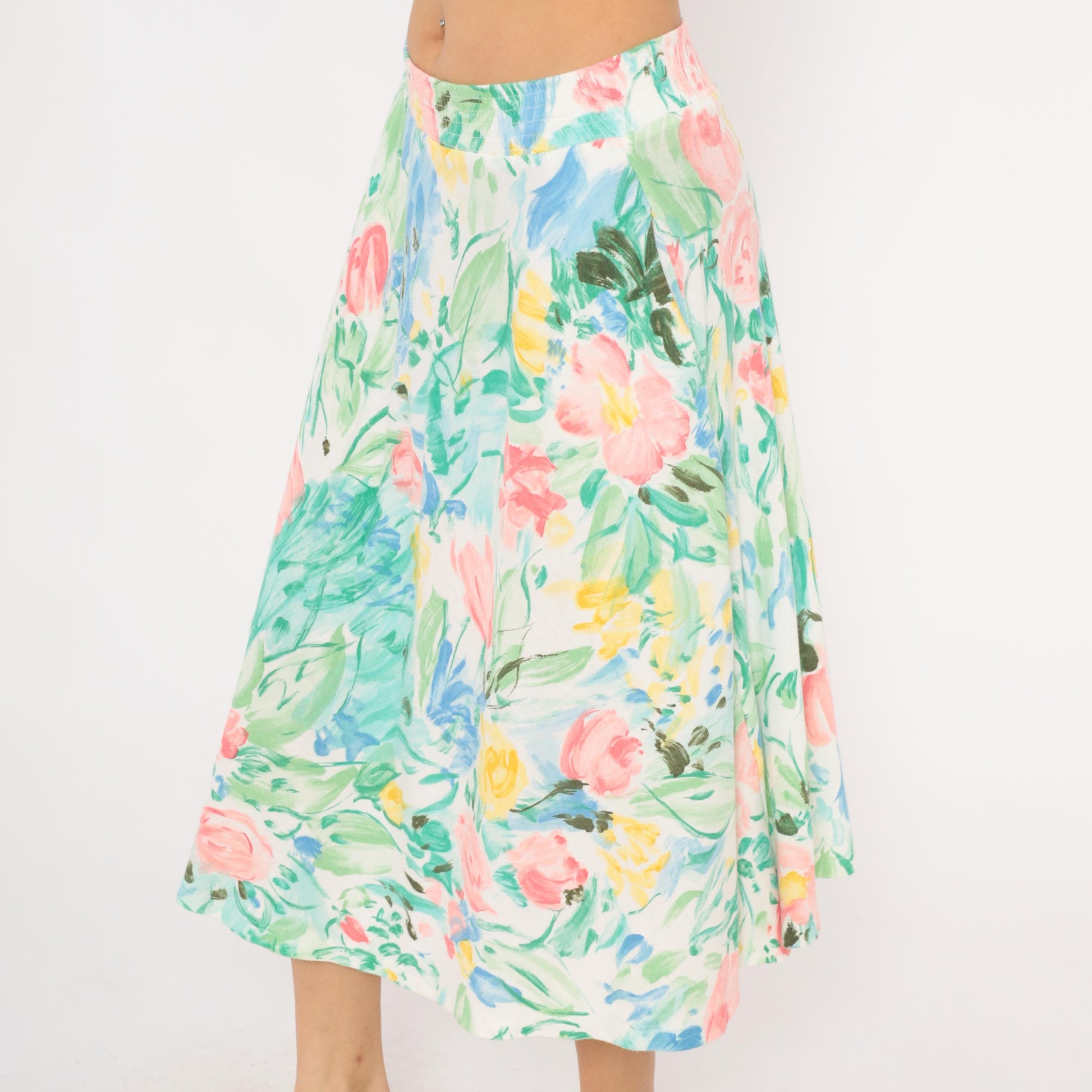 80s Dennis Goldsmith Floral Midi Skirt A-Line Pink Teal Green Medium