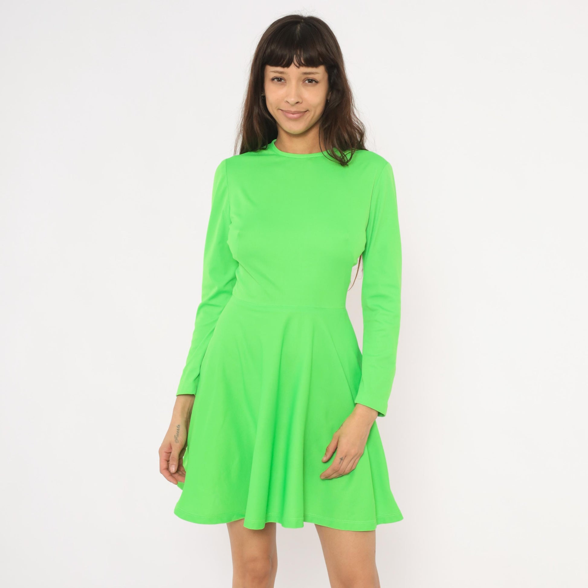 1970s Elegant Miss California Neon Green Mini Dress Long Sleeve A-Line Small S