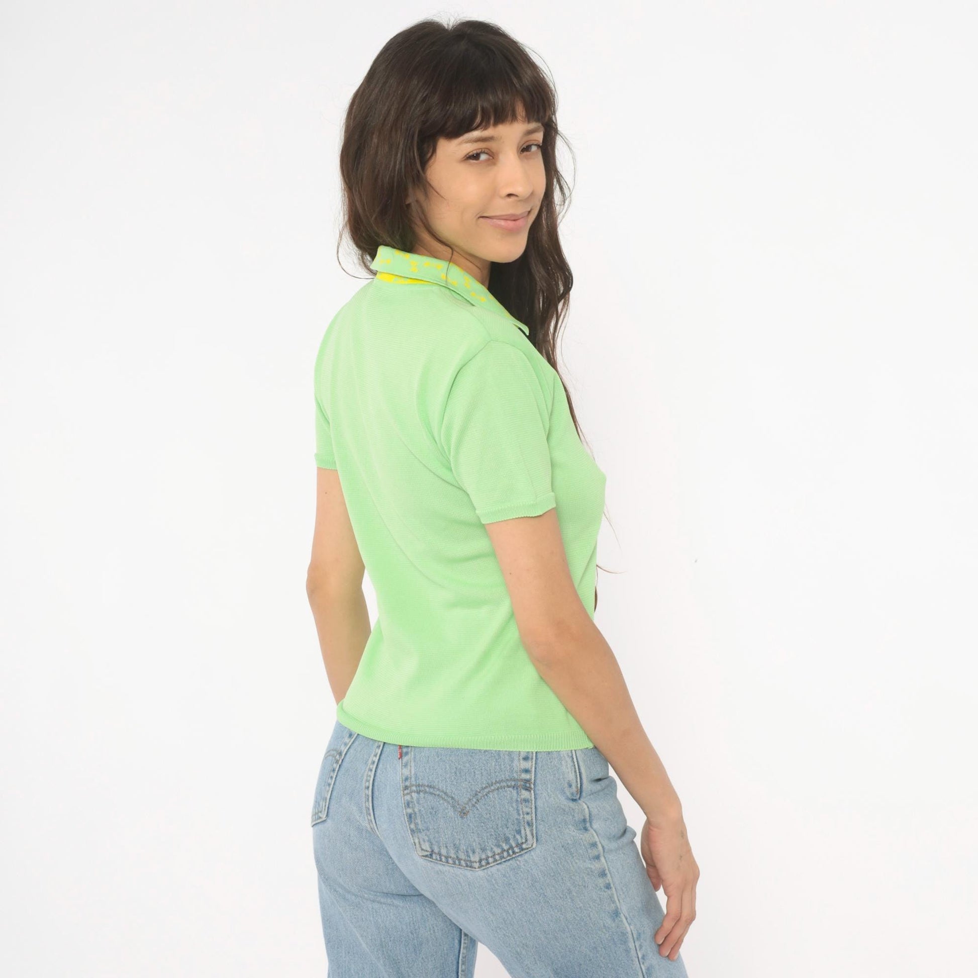 90s Lime Green Polo Knit Yellow Patterned Collar Fitted Pullover Small