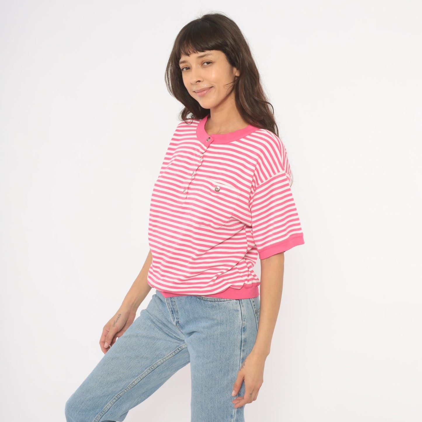 90s N Resource Pink Striped Henley Button Top Chest Pocket Medium
