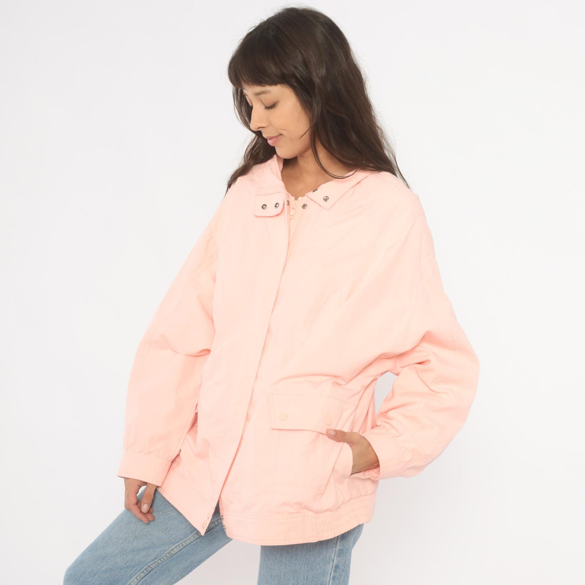 80s Aurora International Windbreaker Jacket Peach Snap Collar Zip Front Extra Large XXL