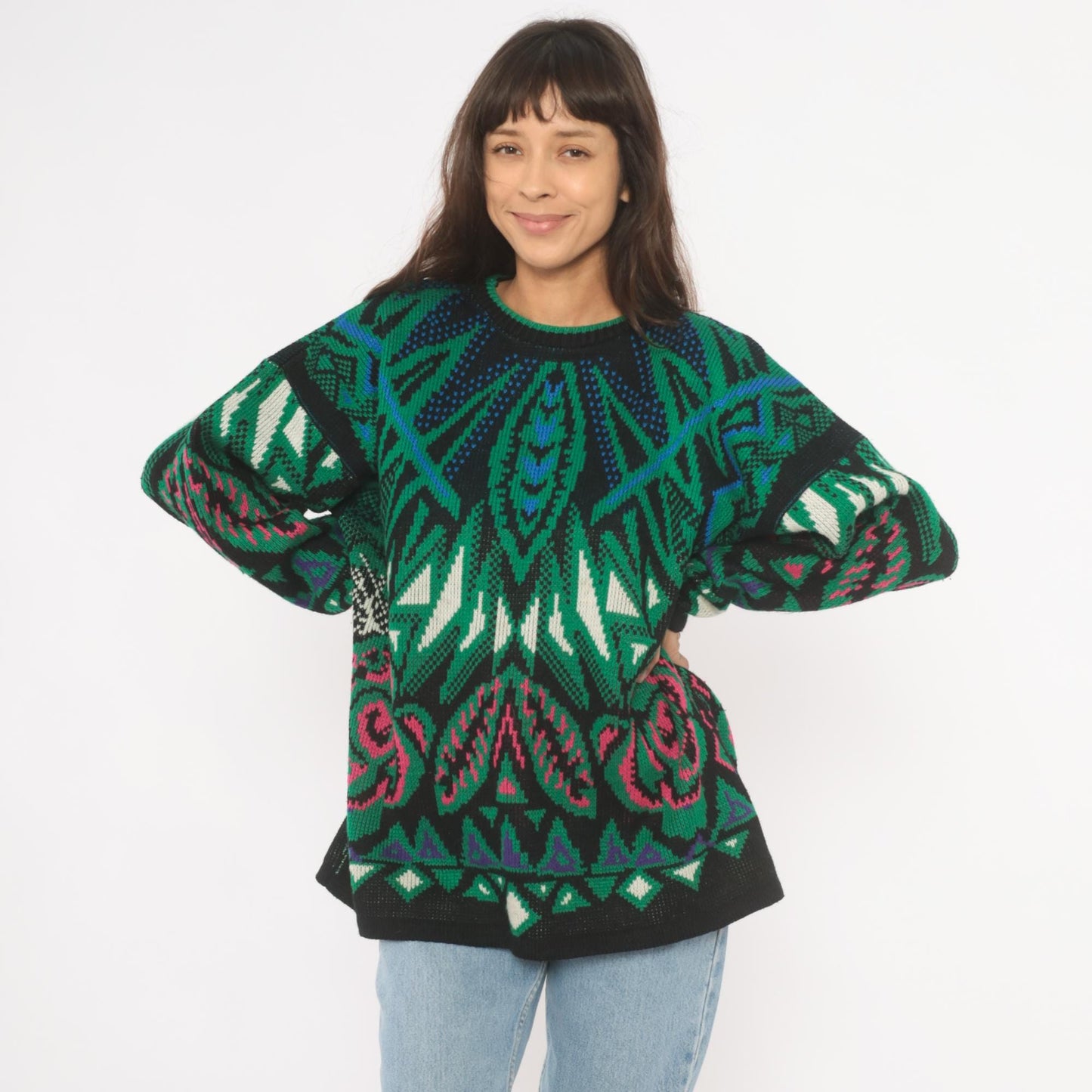 90s Venezia Geometric Jacquard Knit Sweater Green Pink Blue Crewneck XL