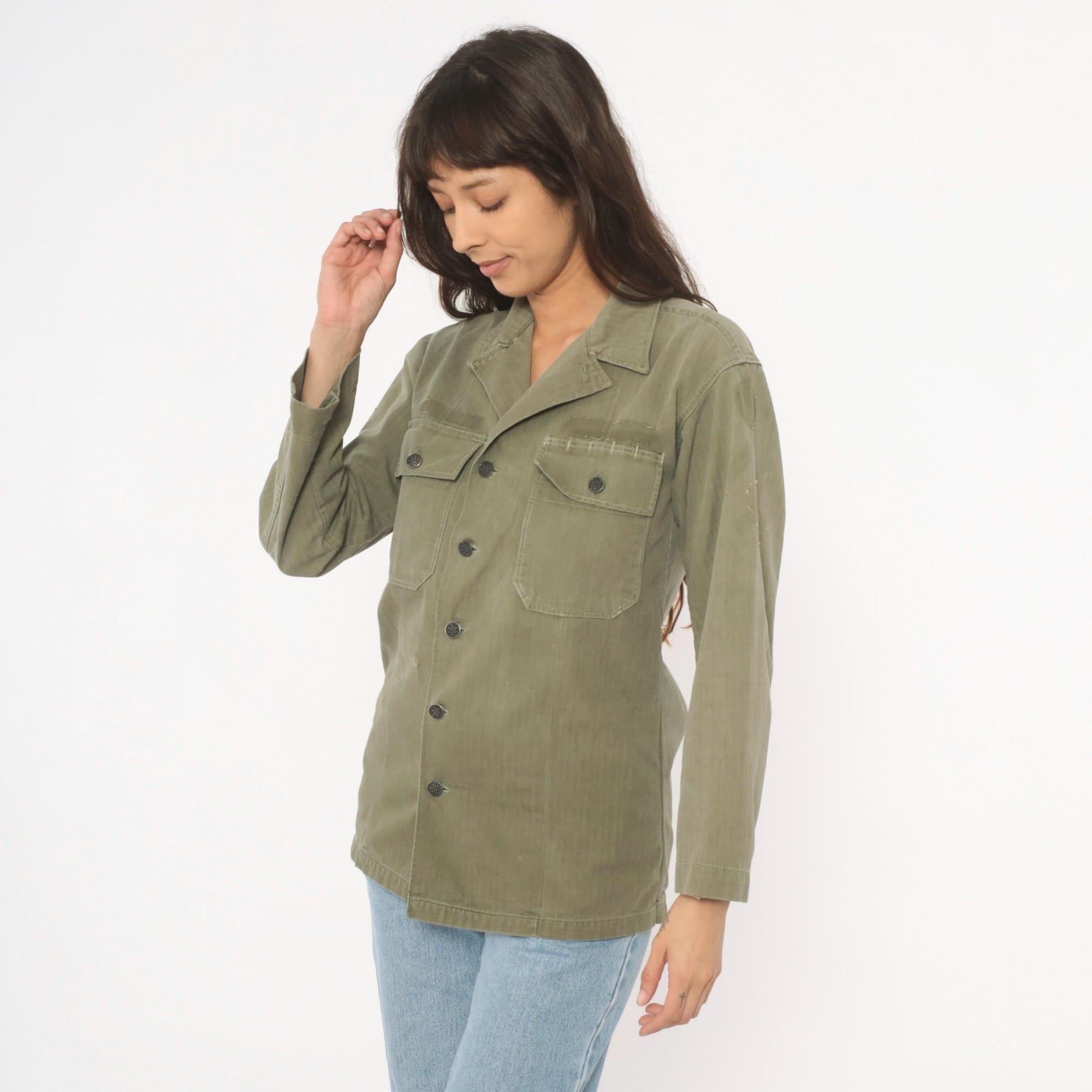 1940s HBT Military Field Jacket Olive Drab Cotton Army WWII Small