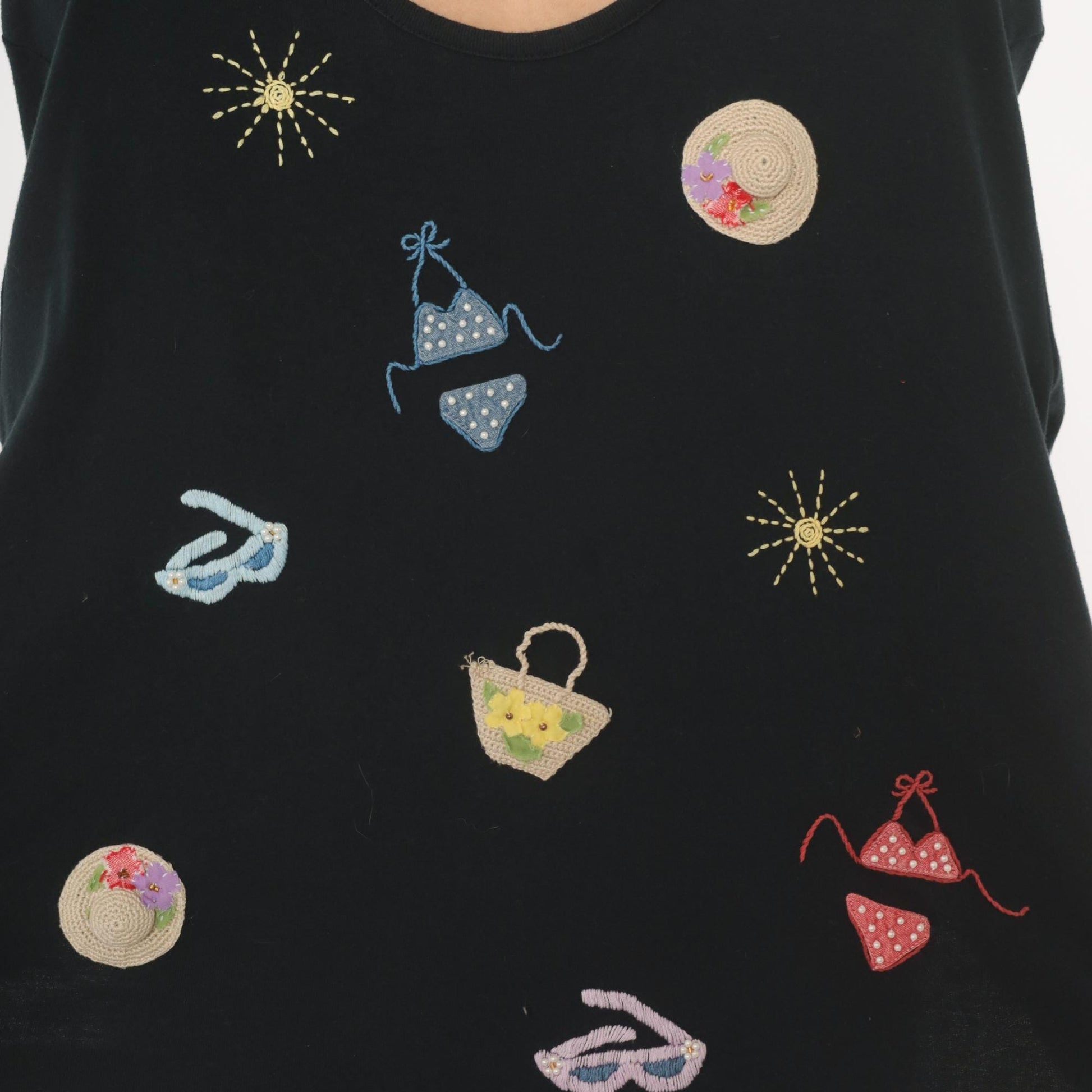 90s Extra Point Black T Shirt Beach Embroidered Appliqué Bikini Sun Hat XL