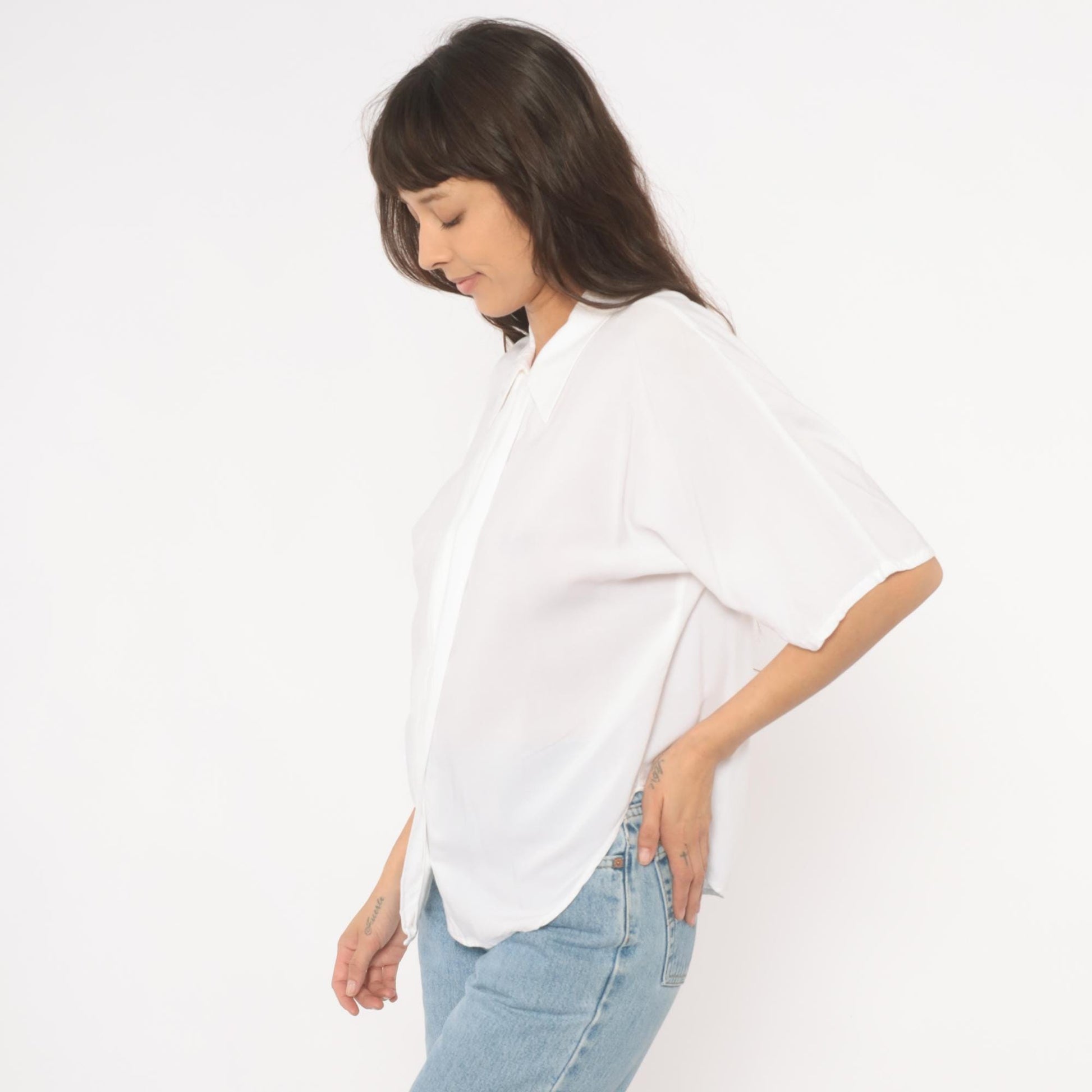 90s White Pointed Collar Blouse Hidden Placket Relaxed Fit Medium M
