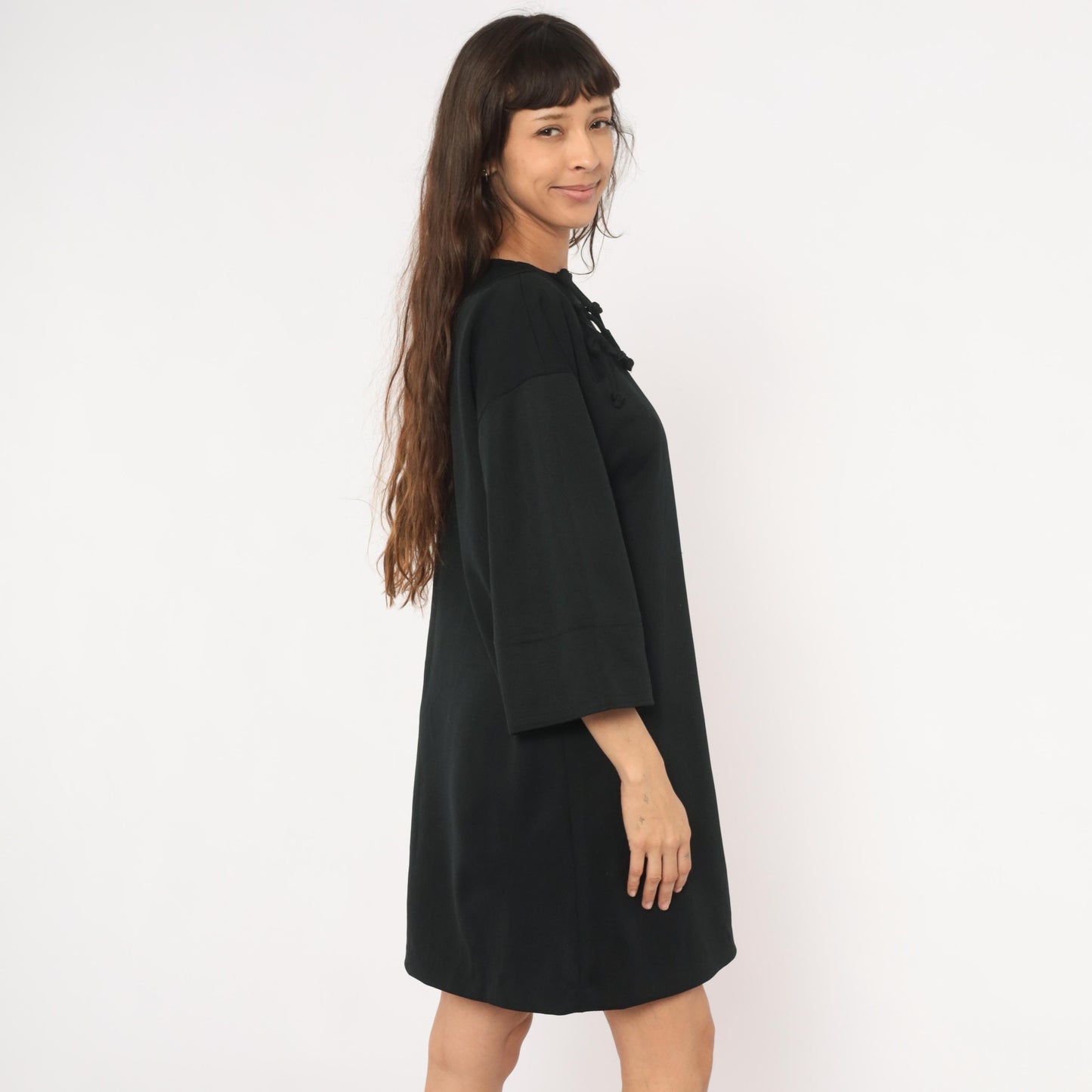 70s Black Shift Dress Lace-Up Neckline Bell Sleeve Patch Pockets Extra Large XL