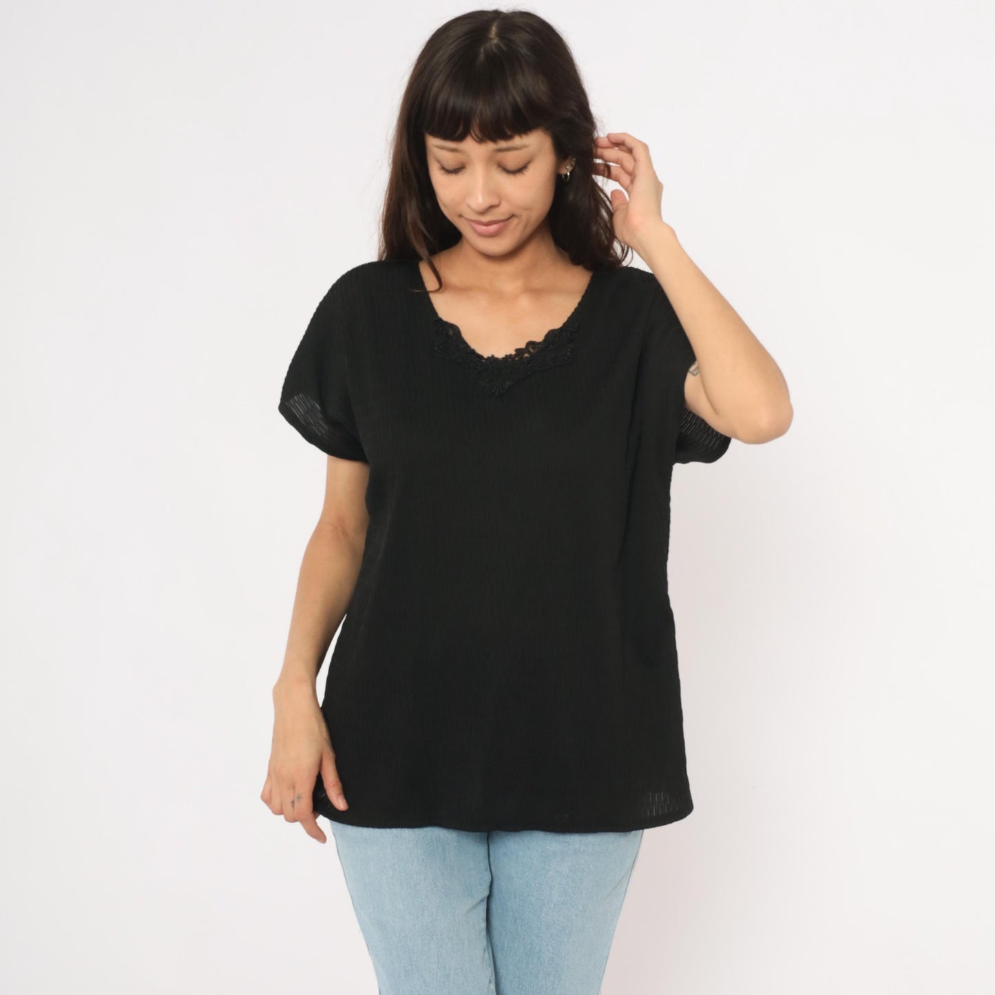 90s Copy Cats Black Lace Neckline Blouse Dolman Sleeve Tunic Extra Large XXL