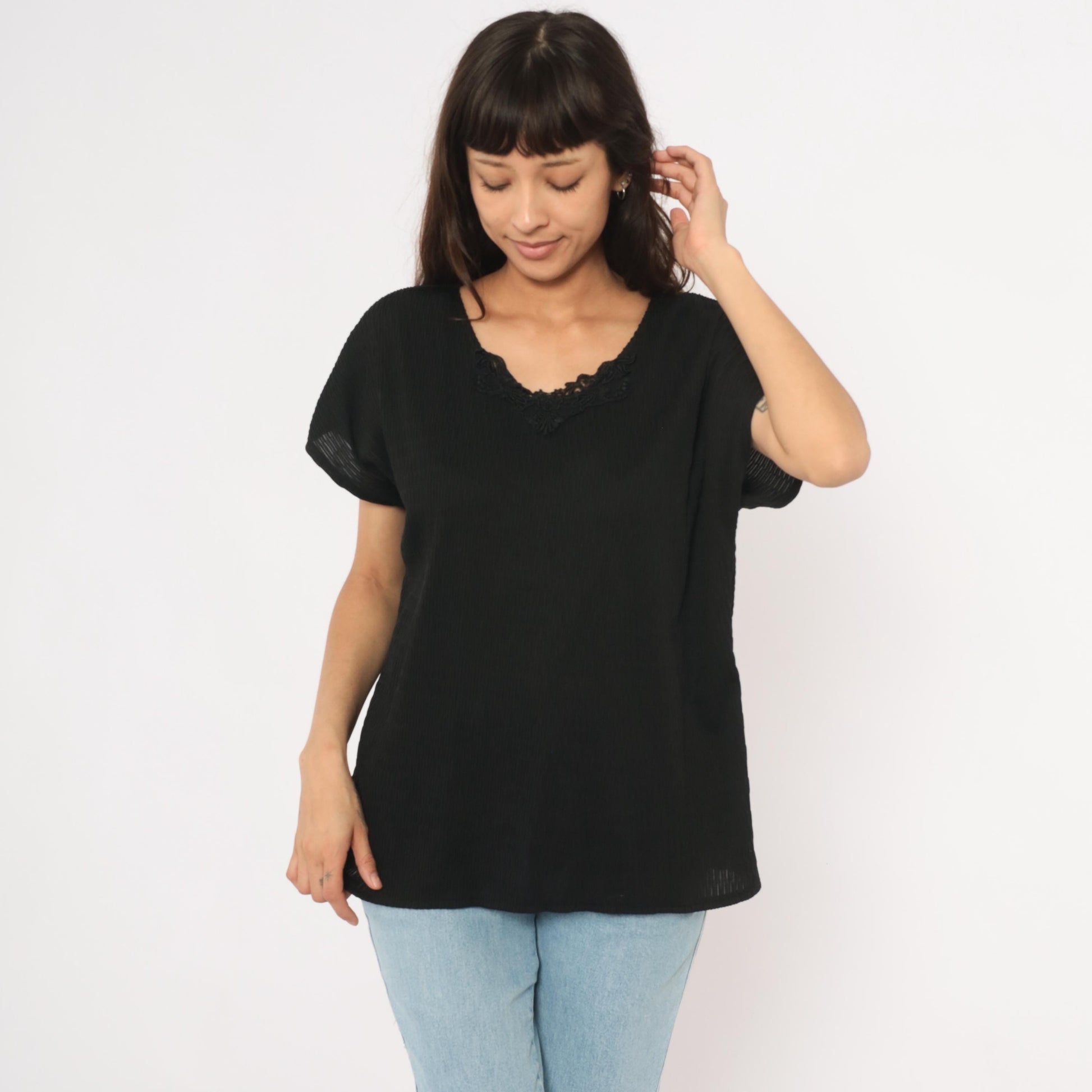 90s Copy Cats Black Lace Neckline Blouse Dolman Sleeve Tunic Extra Large XXL