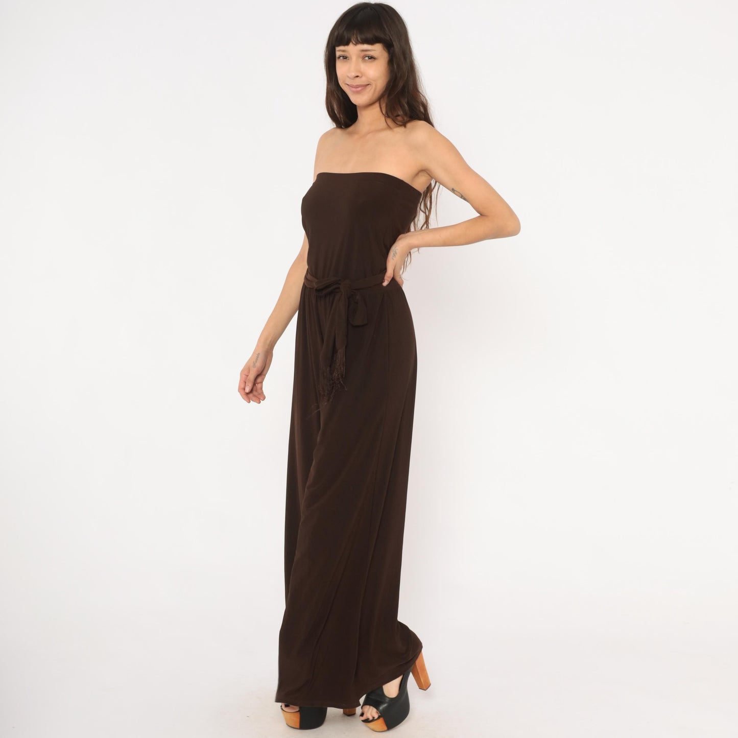 2000s MSK Chocolate Brown Strapless Jumpsuit Wide Leg Palazzo Medium M