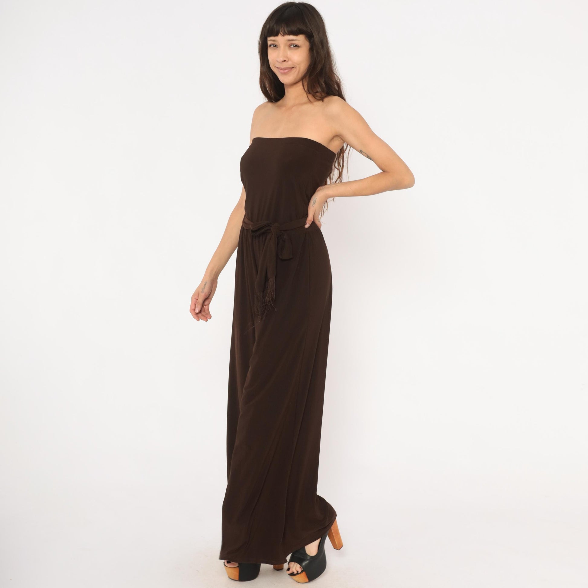 2000s MSK Chocolate Brown Strapless Jumpsuit Wide Leg Palazzo Medium M