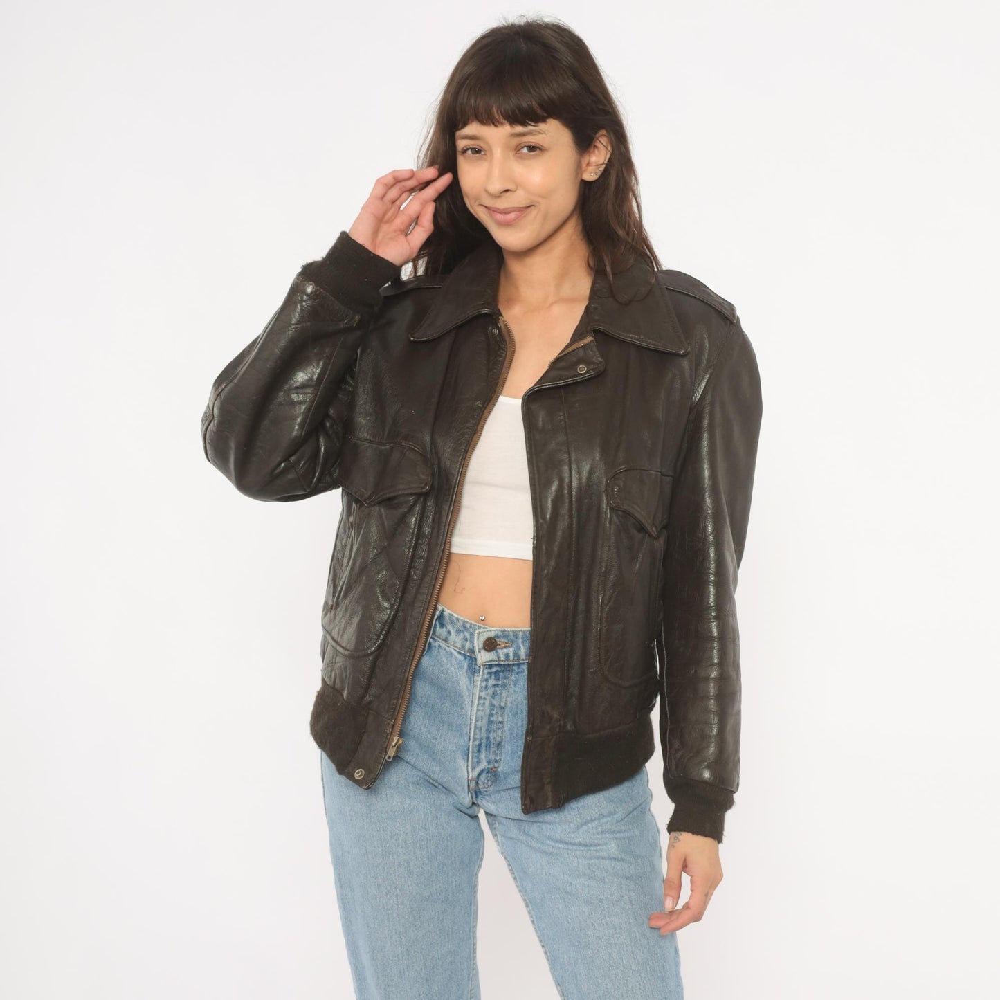 80s Golden Fleece Dark Brown Leather Bomber Jacket Cropped Small