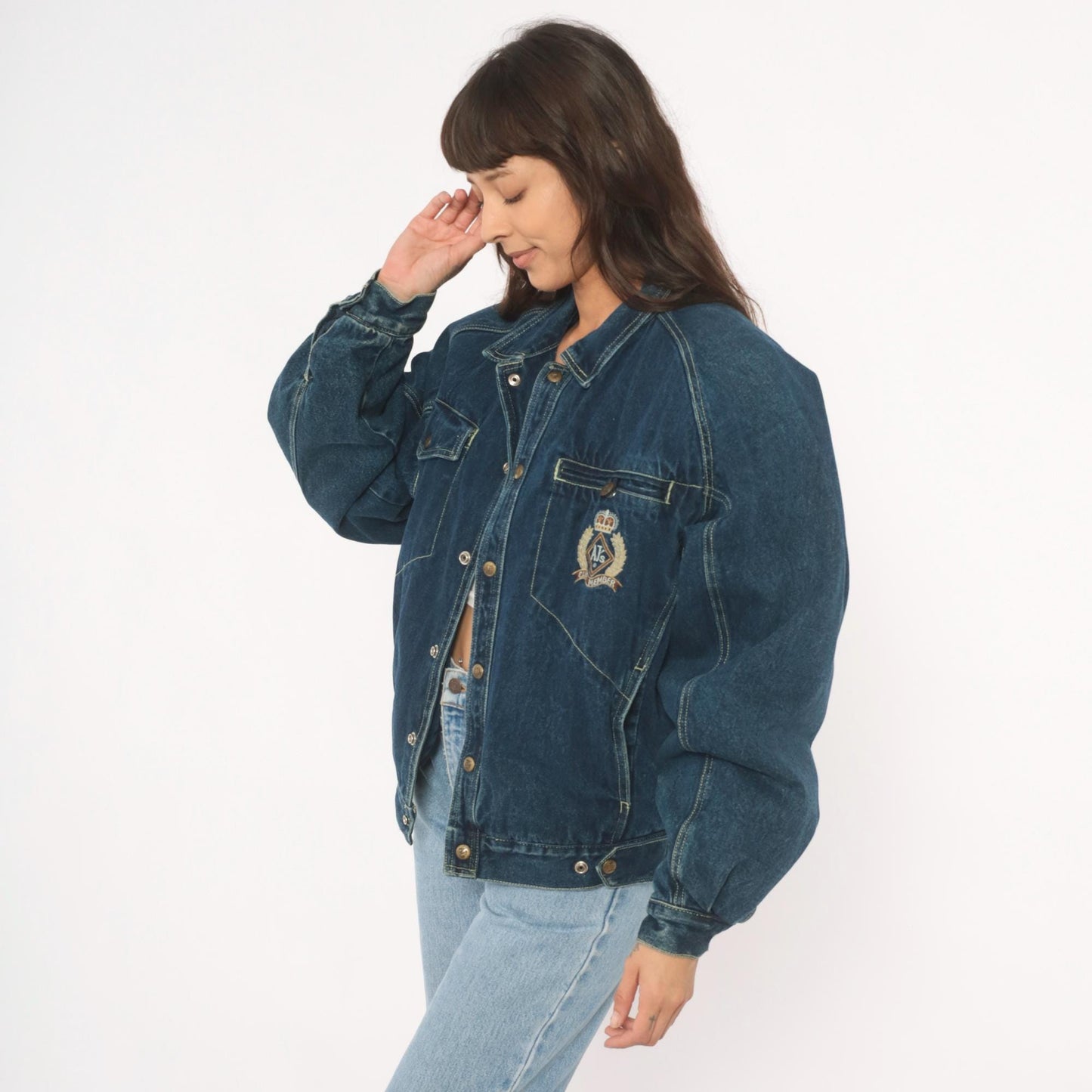 90s AJs Dark Wash Denim Bomber Jacket Embroidered Logo Small