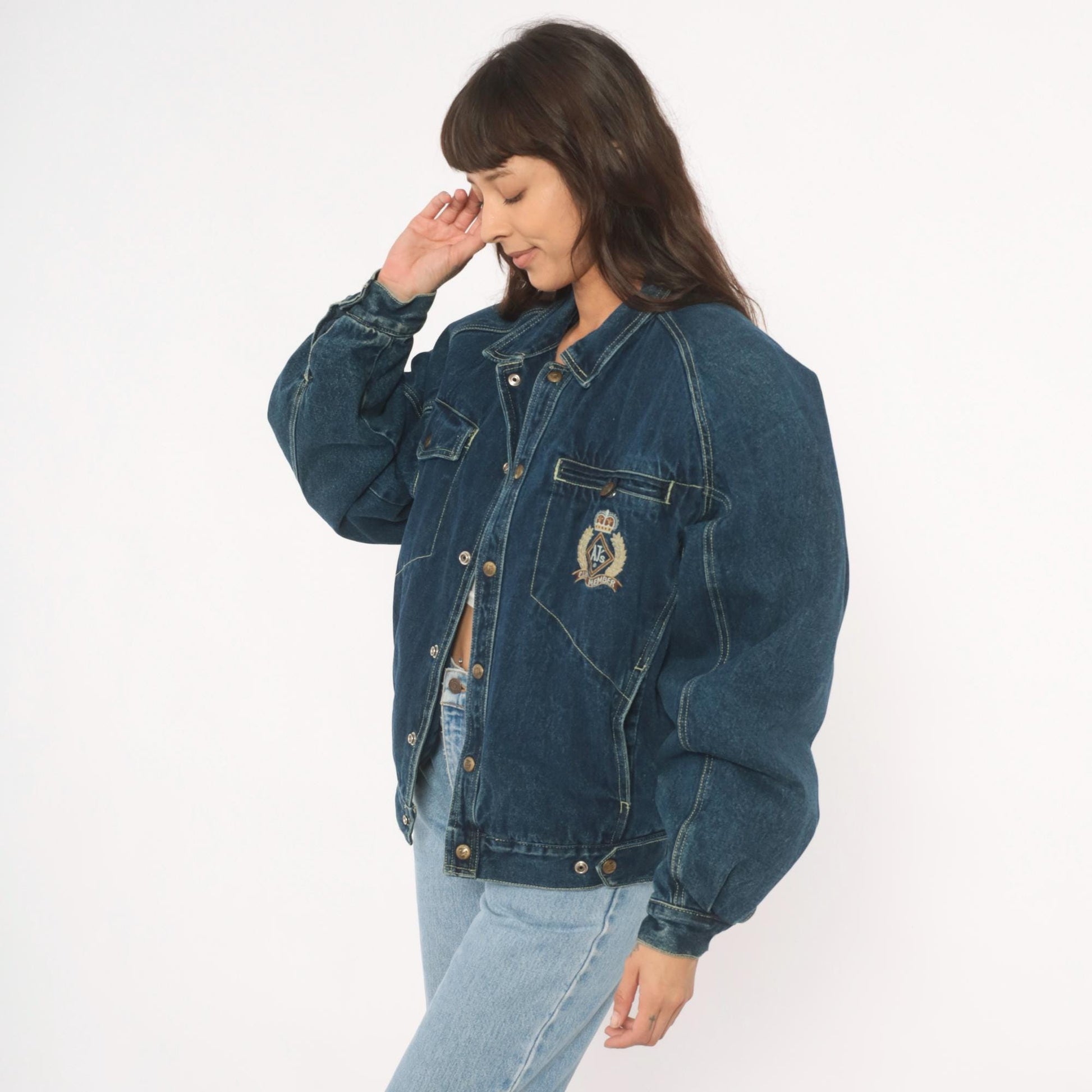 90s AJs Dark Wash Denim Bomber Jacket Embroidered Logo Small