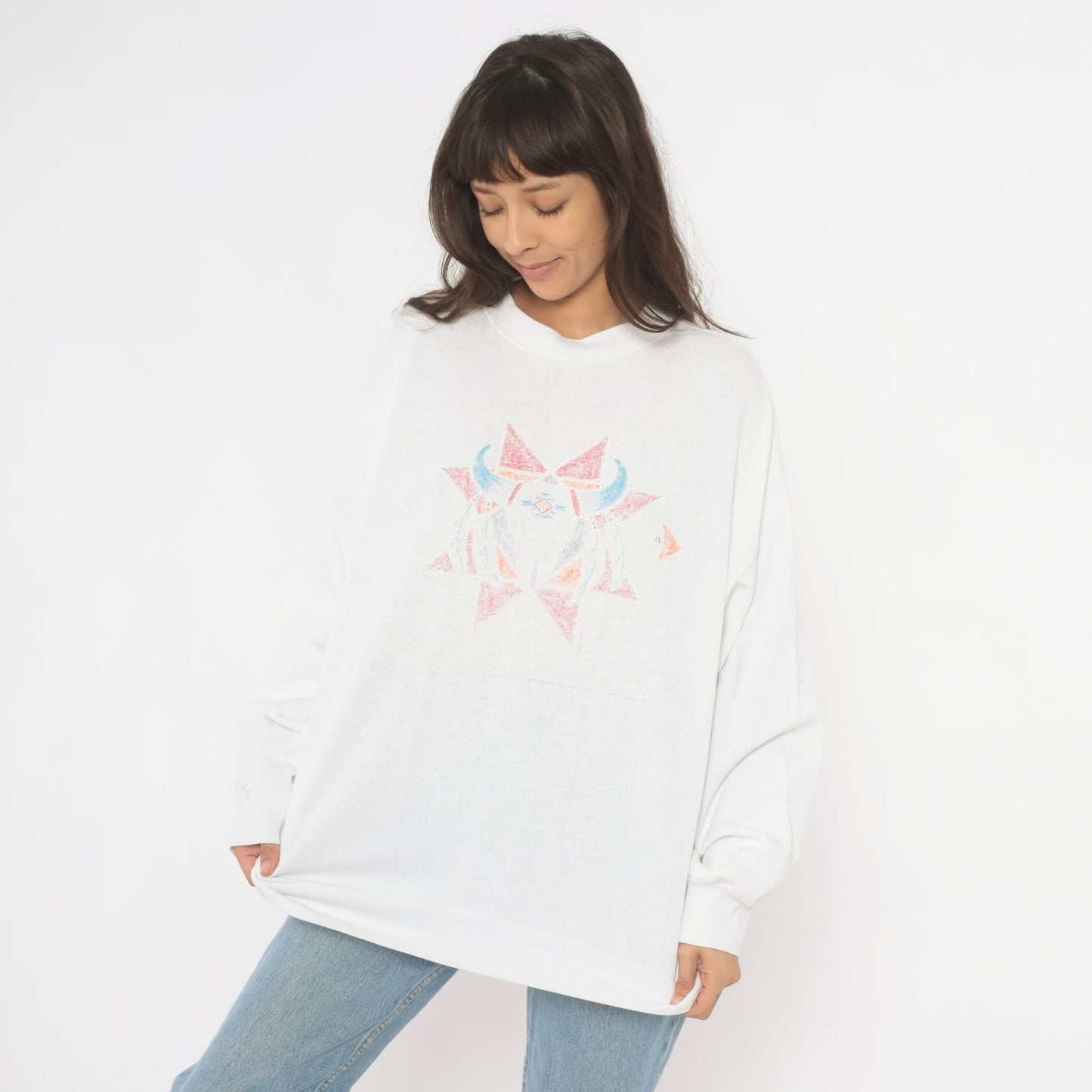 90s Tultex Southwestern Cow Skull Sweatshirt White Pastel Geometric Crewneck Extra Large XXL
