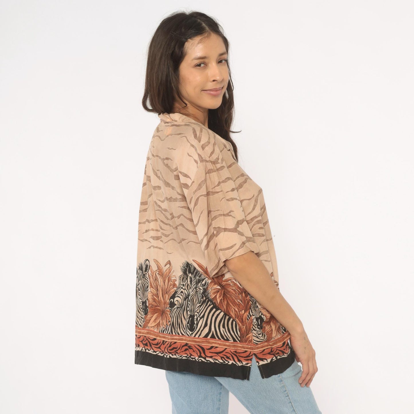 90s Teddi Zebra Safari Camp Collar Shirt Animal Print Tan Large L