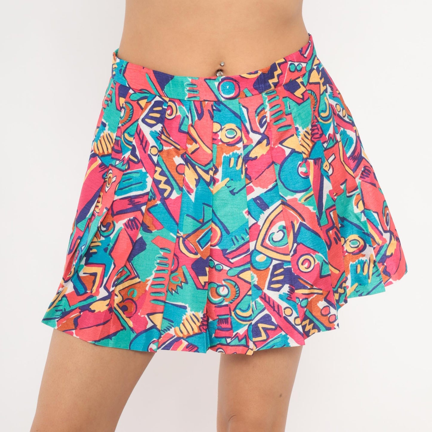 90s Lily's of Beverly Hills Pleated Mini Skirt Abstract Geometric Print Pink Teal Medium