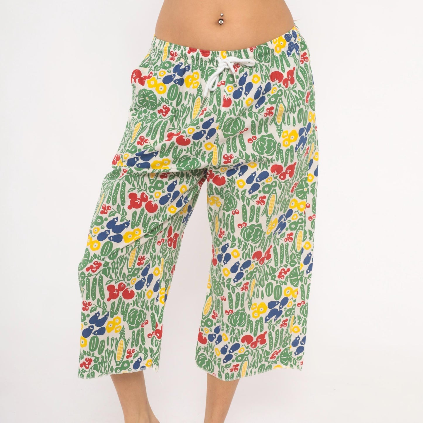 90s Vegetable Garden Print Culottes White Wide Leg Capri Cotton Medium M