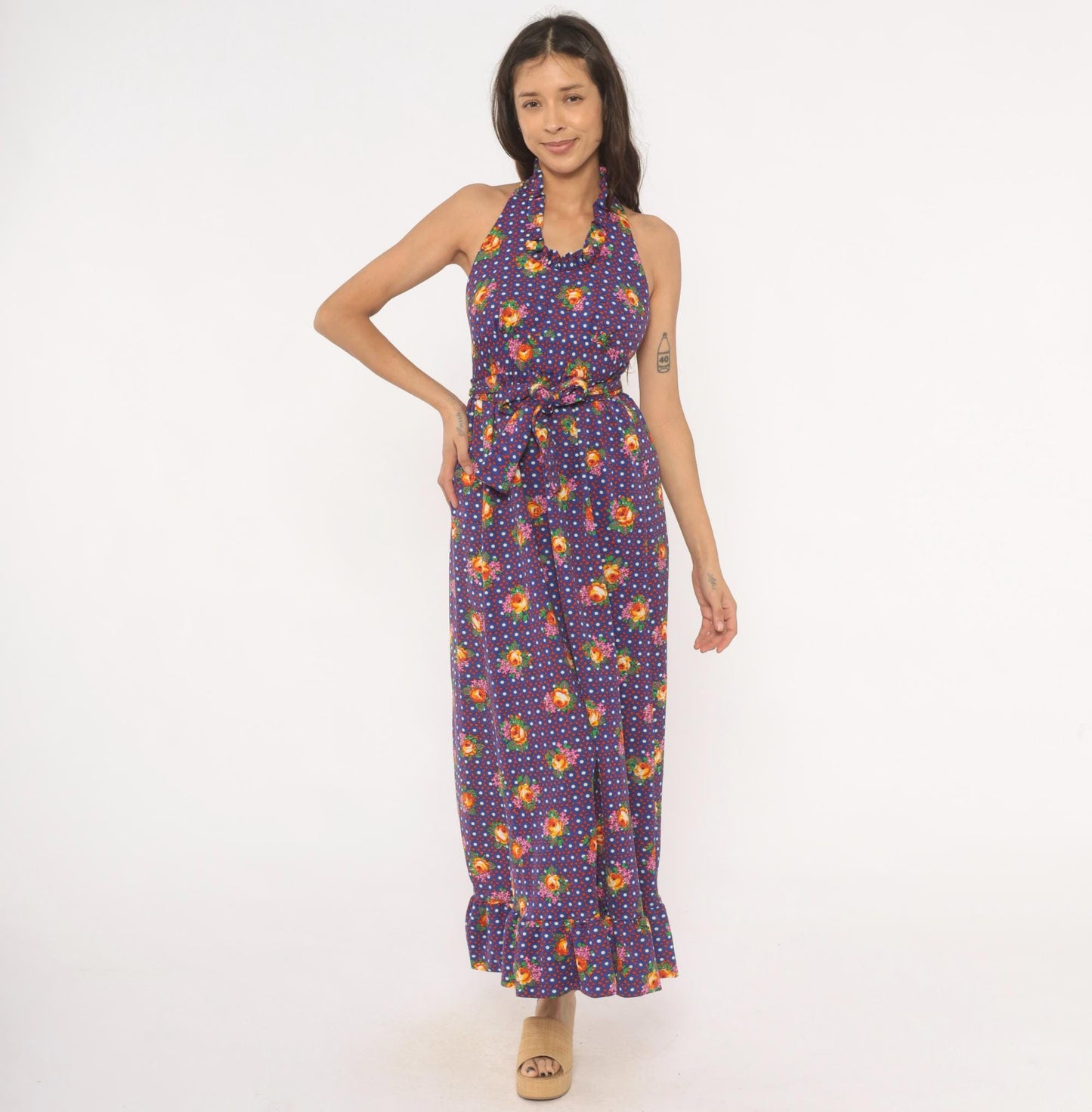 70s Floral Halter Dress Purple Polka Dot Tie Waist Open Back XS