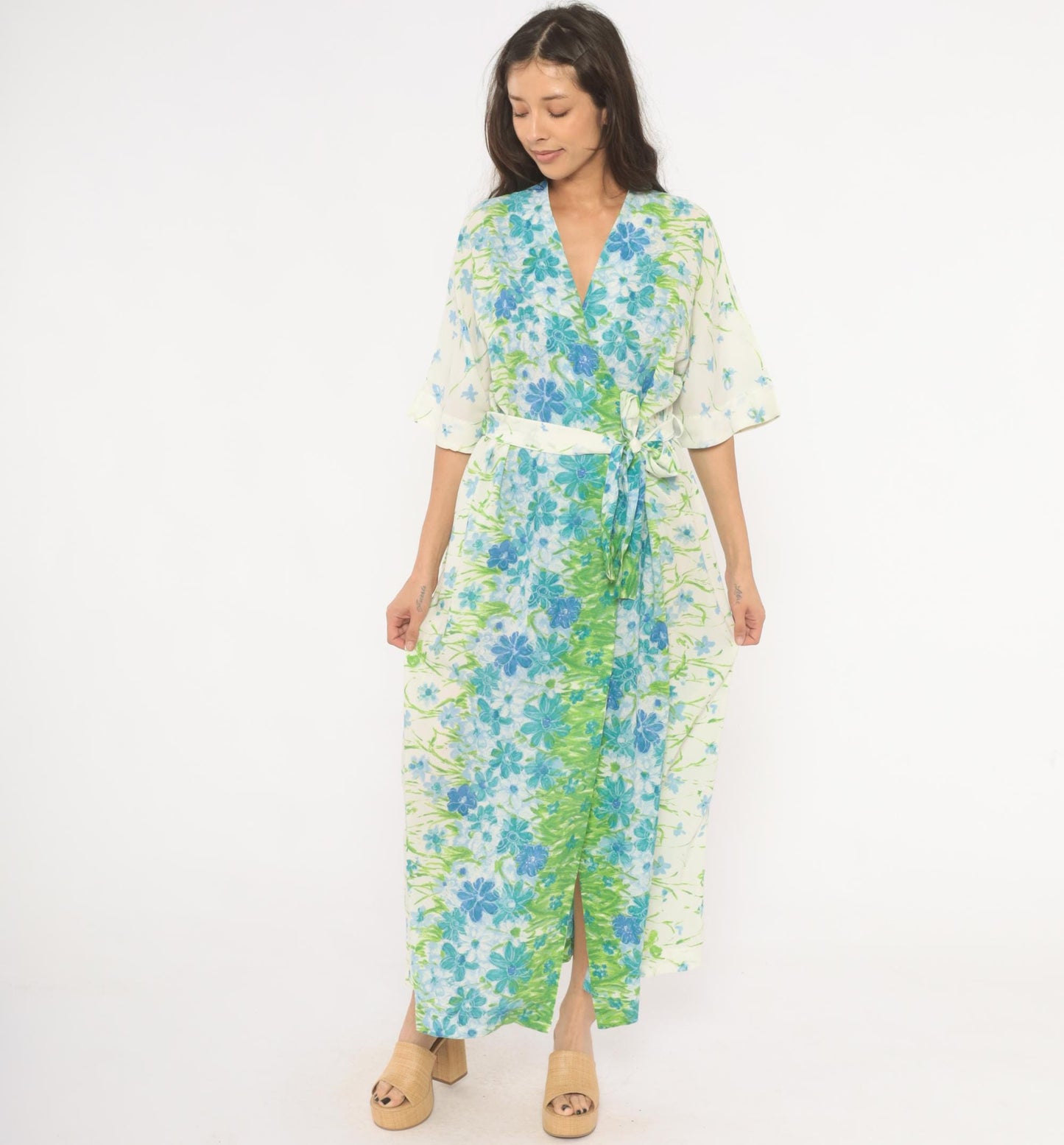 70s Floral Kimono Robe Maxi Wrap Dress Watercolor Print Blue Green Medium