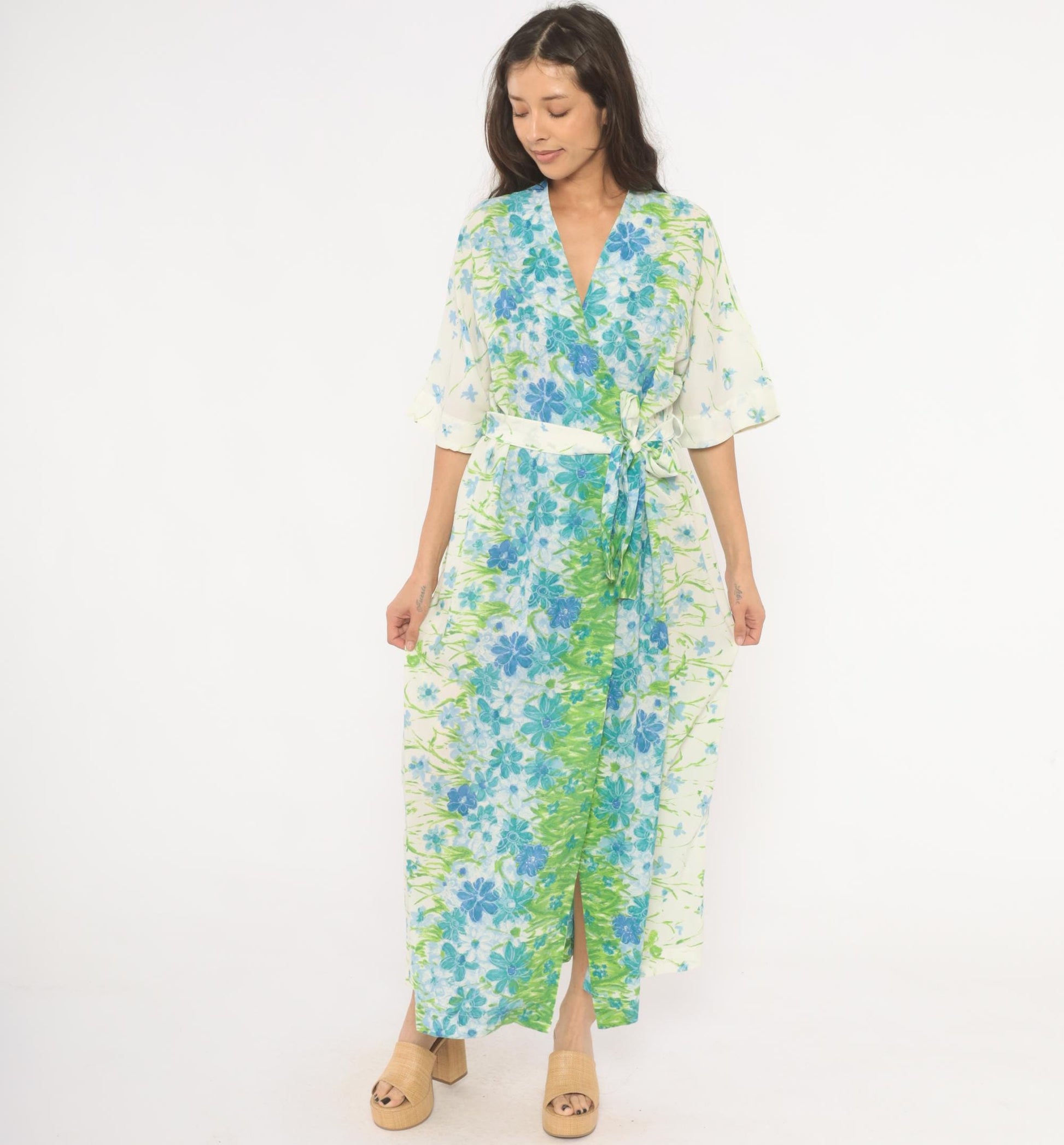 70s Floral Kimono Robe Maxi Wrap Dress Watercolor Print Blue Green Medium