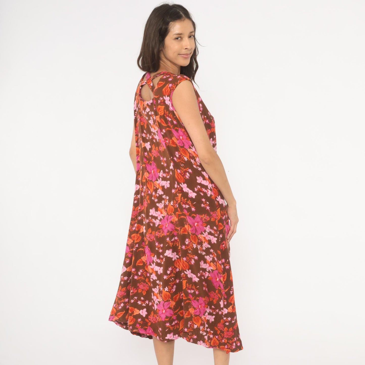 Y2K Roaman's Tropical Floral Midi Dress Brown Pink Orange Button Front Plus Size 14W