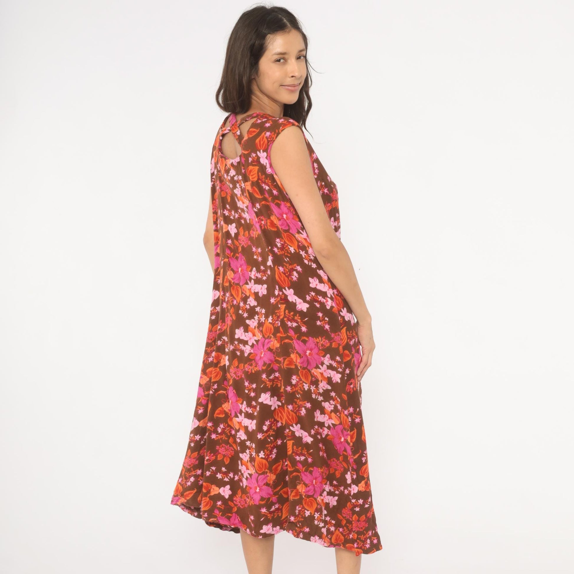 Y2K Roaman's Tropical Floral Midi Dress Brown Pink Orange Button Front Plus Size 14W