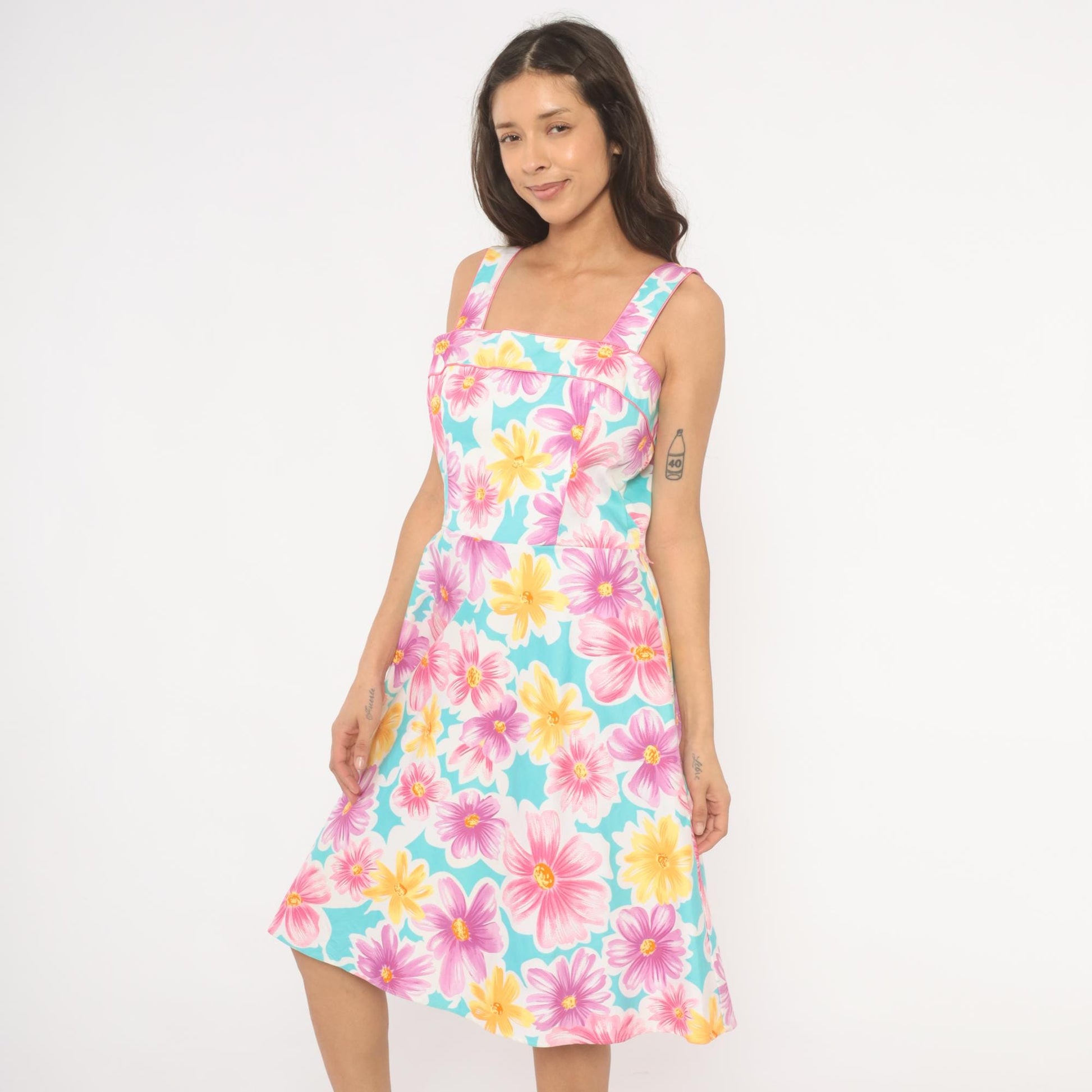 90s Scarlett Floral Sundress Square Neck Daisy Print Sky Blue Medium M