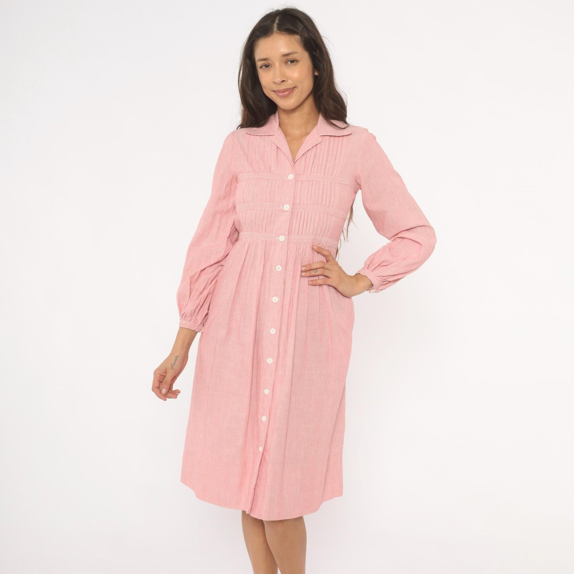 80s Nipon Boutique Pinstripe Shirtdress Pink Button Front Puff Sleeve XS