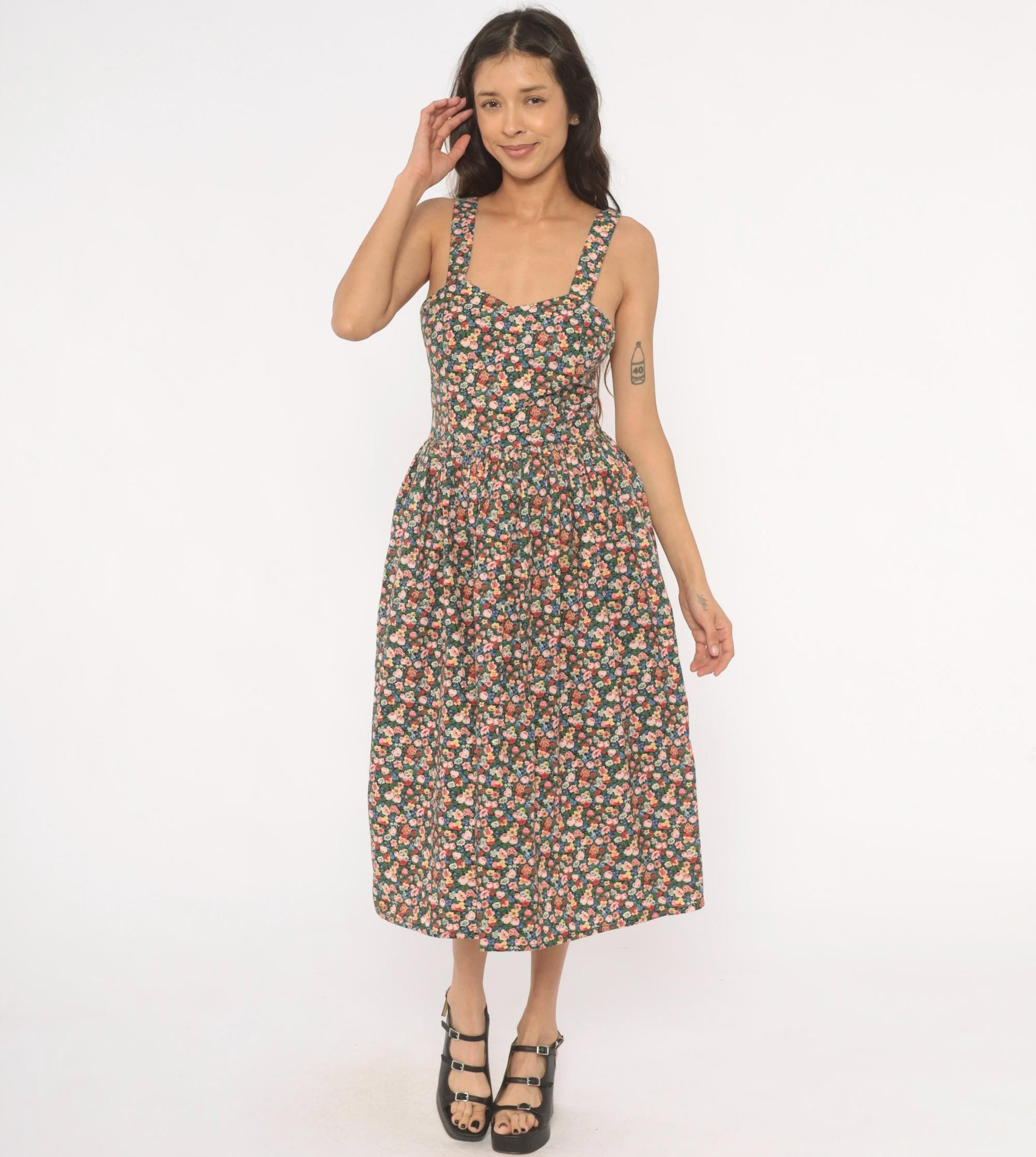 90s The Limited Floral Midi Sundress Calico Print Sweetheart Neckline Small