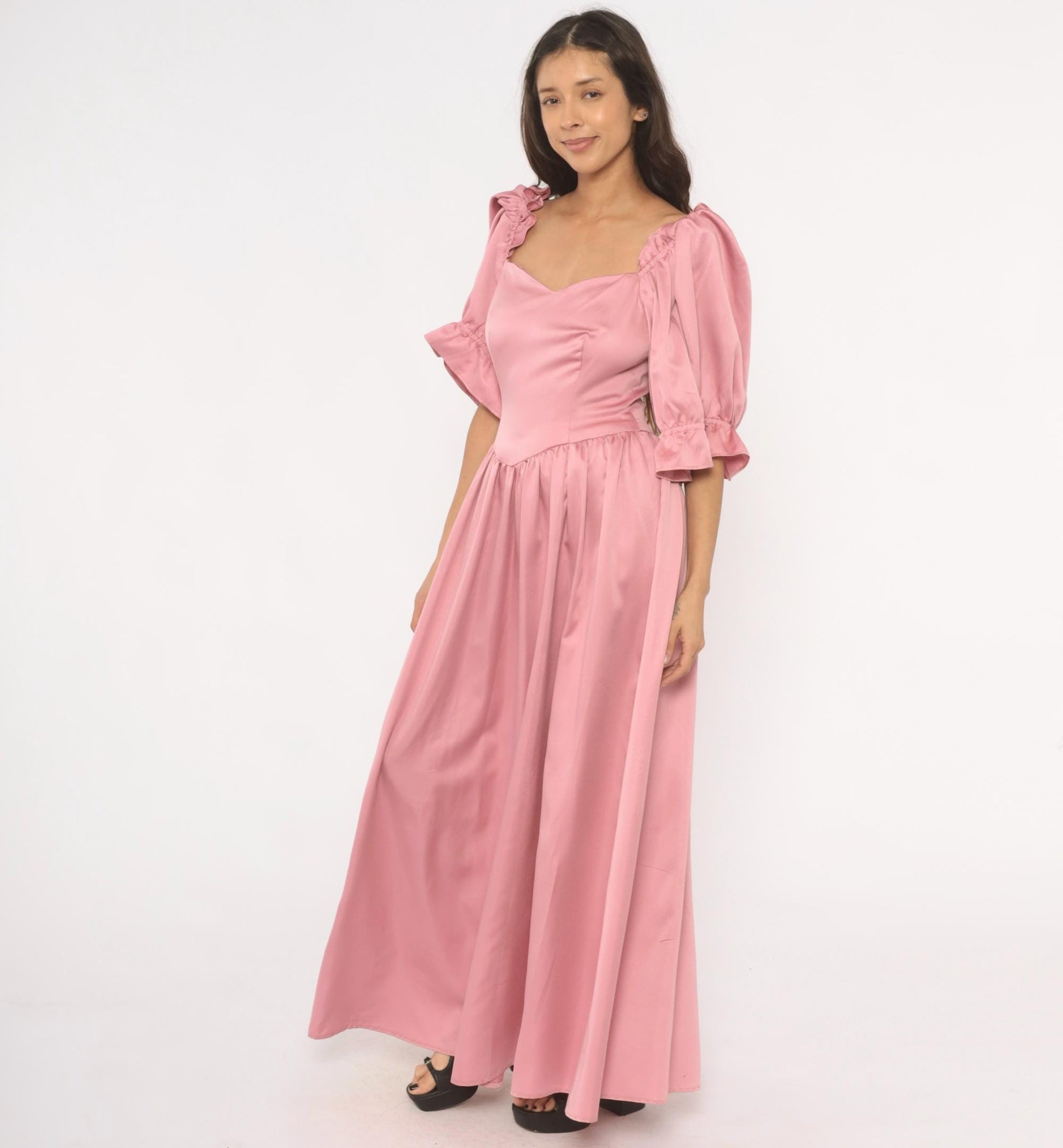 80s Rose Pink Maxi Gown Sweetheart Neckline Puff Sleeve Ruffle Trim Medium M