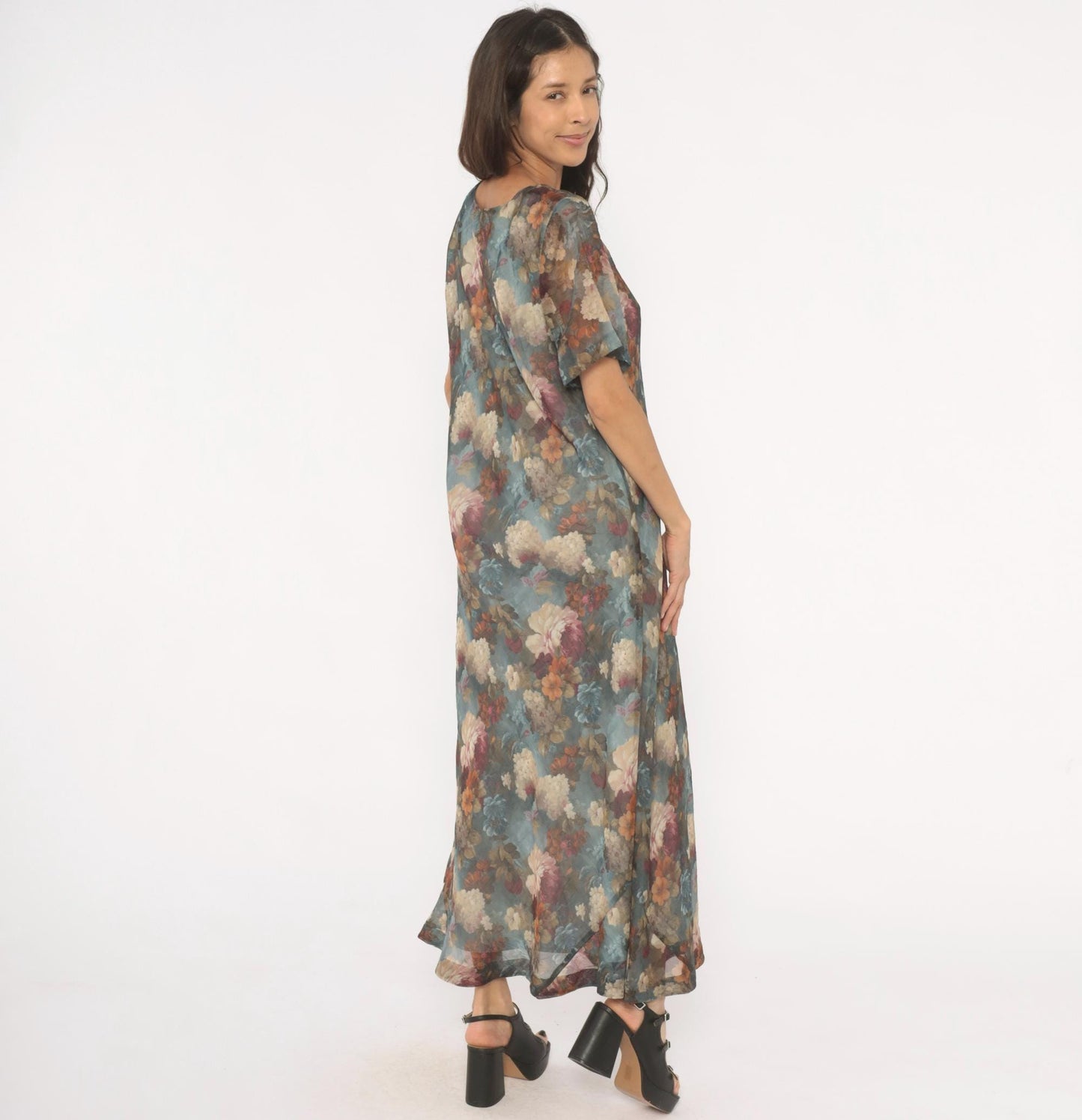90s De Frantoria Floral Maxi Dress Slate Blue Cream Chiffon Short Sleeve Extra Large XL