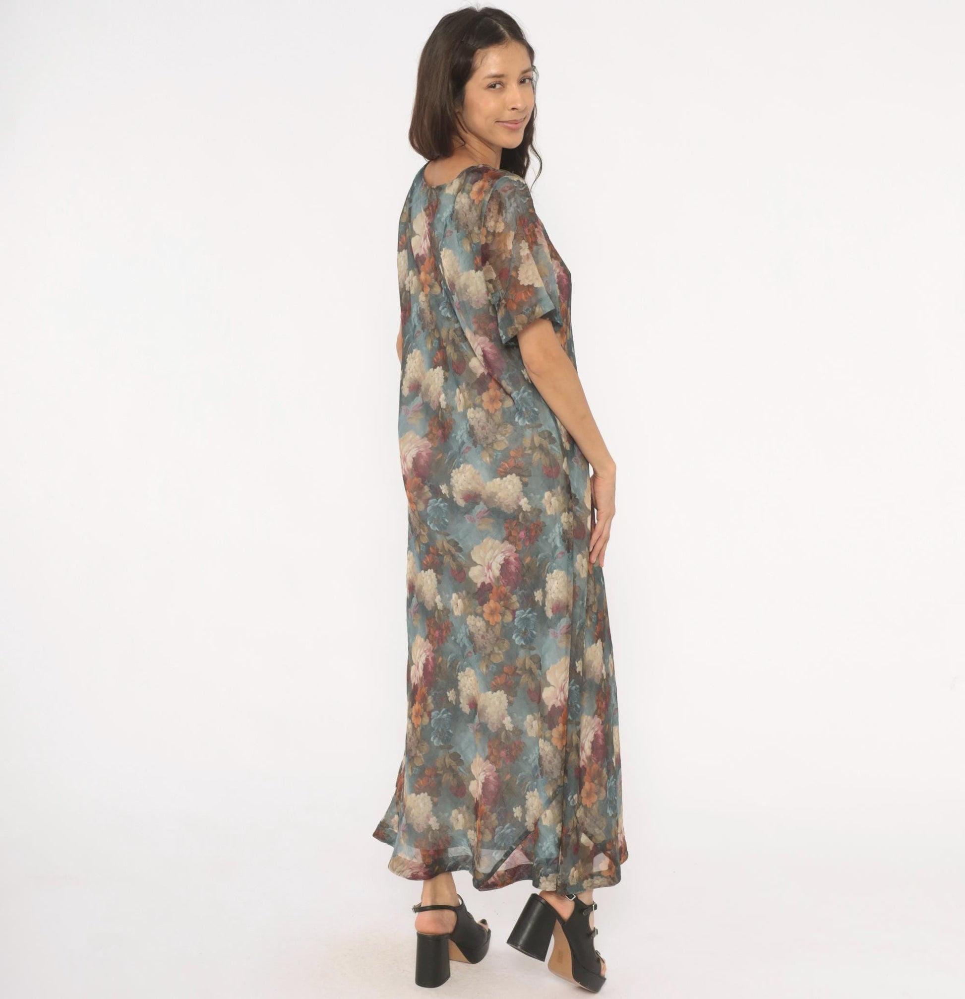 90s De Frantoria Floral Maxi Dress Slate Blue Cream Chiffon Short Sleeve Extra Large XL