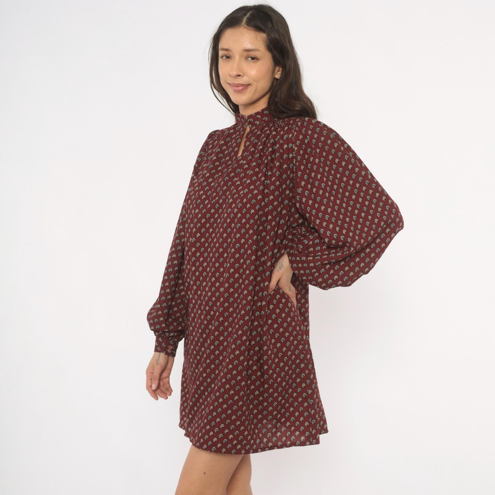 80s Hear Say Burgundy Floral Mini Dress Puff Sleeve Keyhole Band Collar Medium M