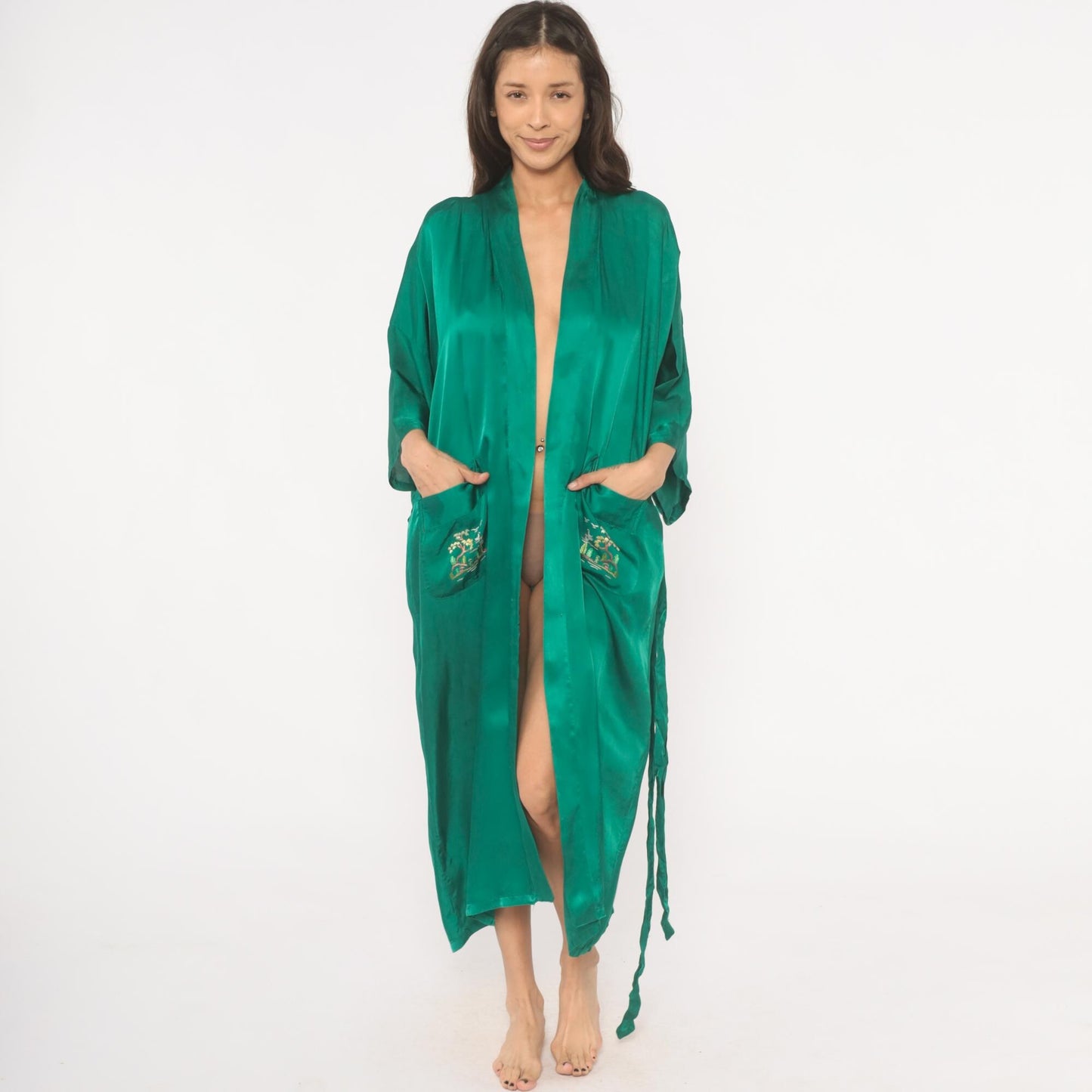 80s Health Silk Kimono Robe Emerald Embroidered Landscape Ankle Length Large L