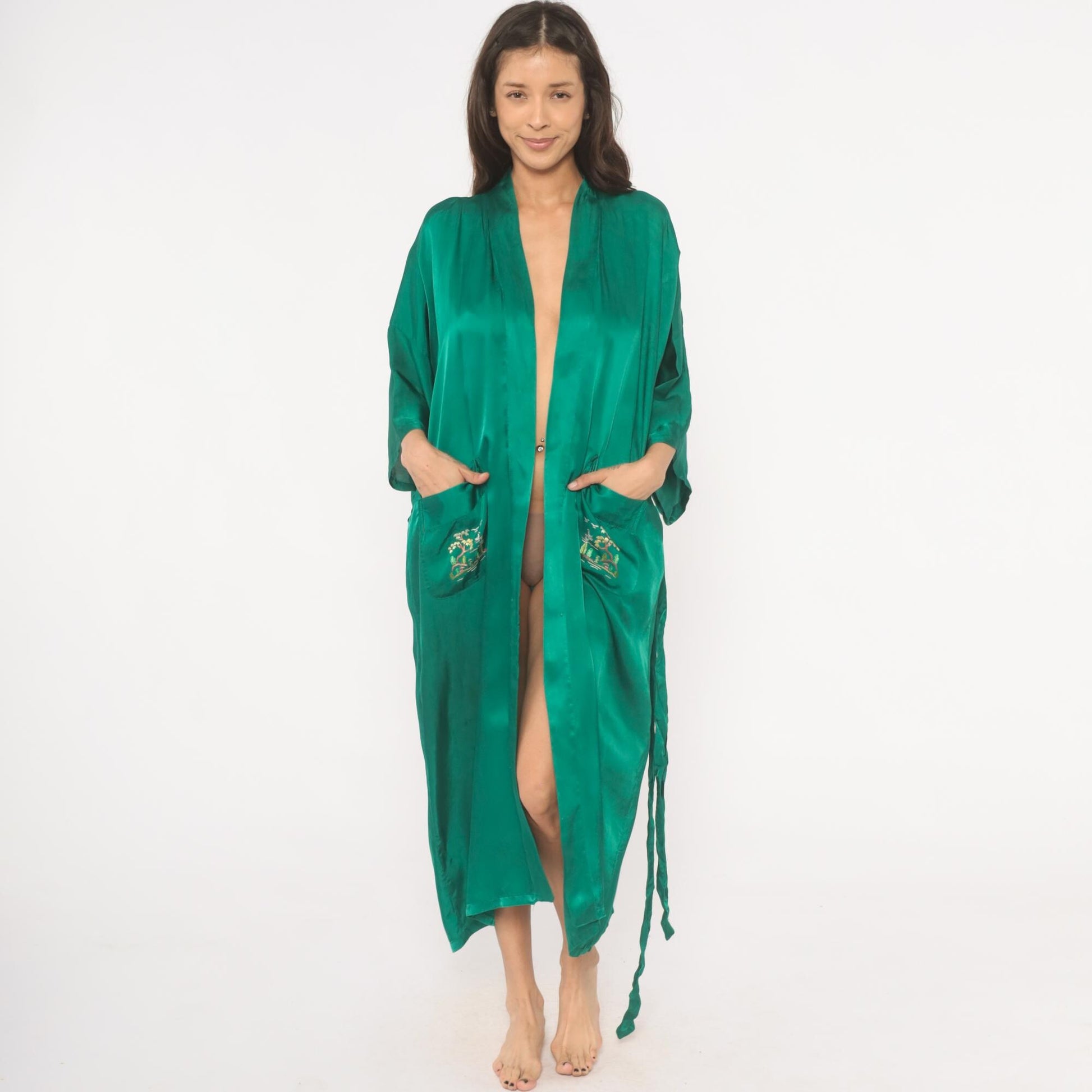 80s Health Silk Kimono Robe Emerald Embroidered Landscape Ankle Length Large L