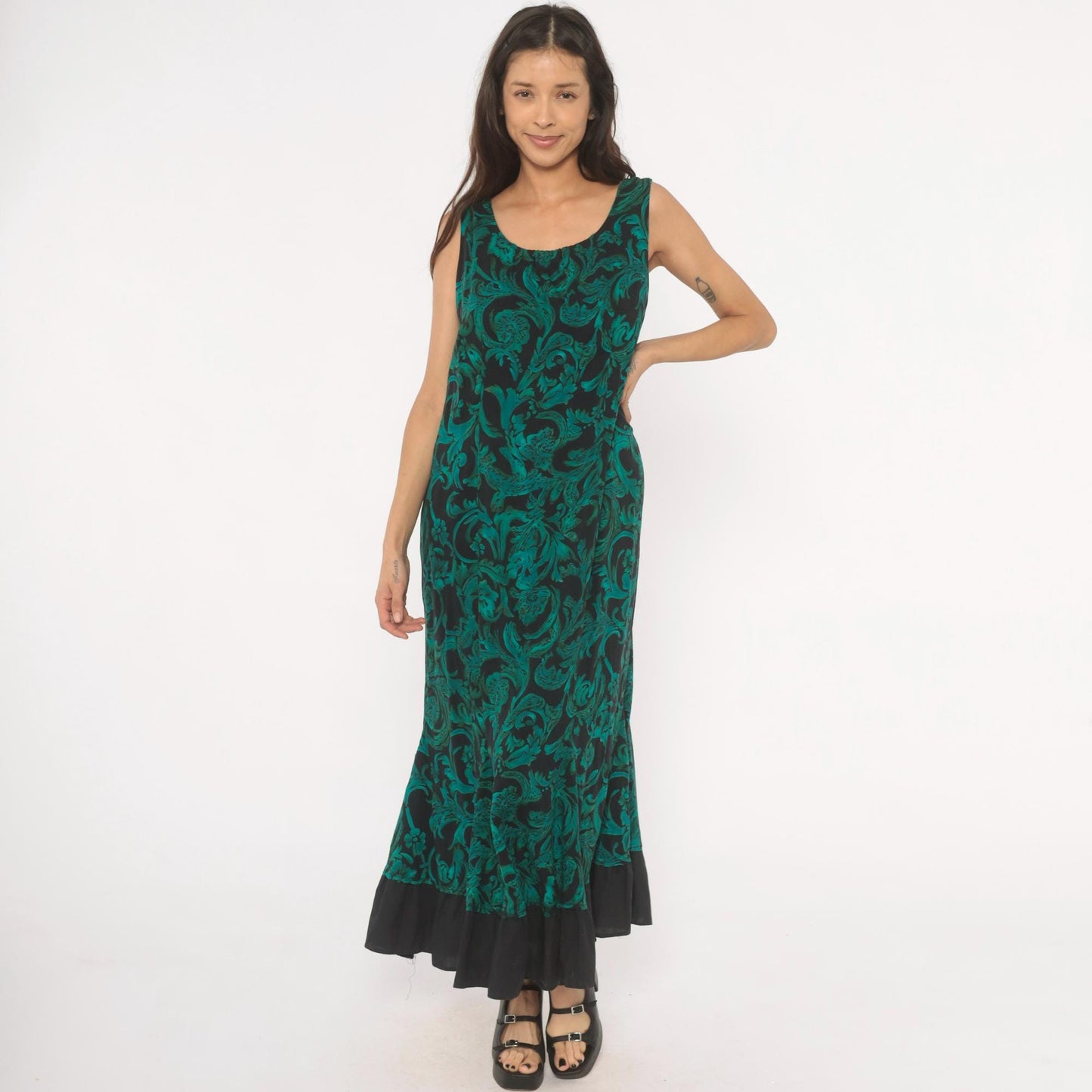 90s R & K Originals Teal Baroque Maxi Dress Emerald Floral Mermaid Large L